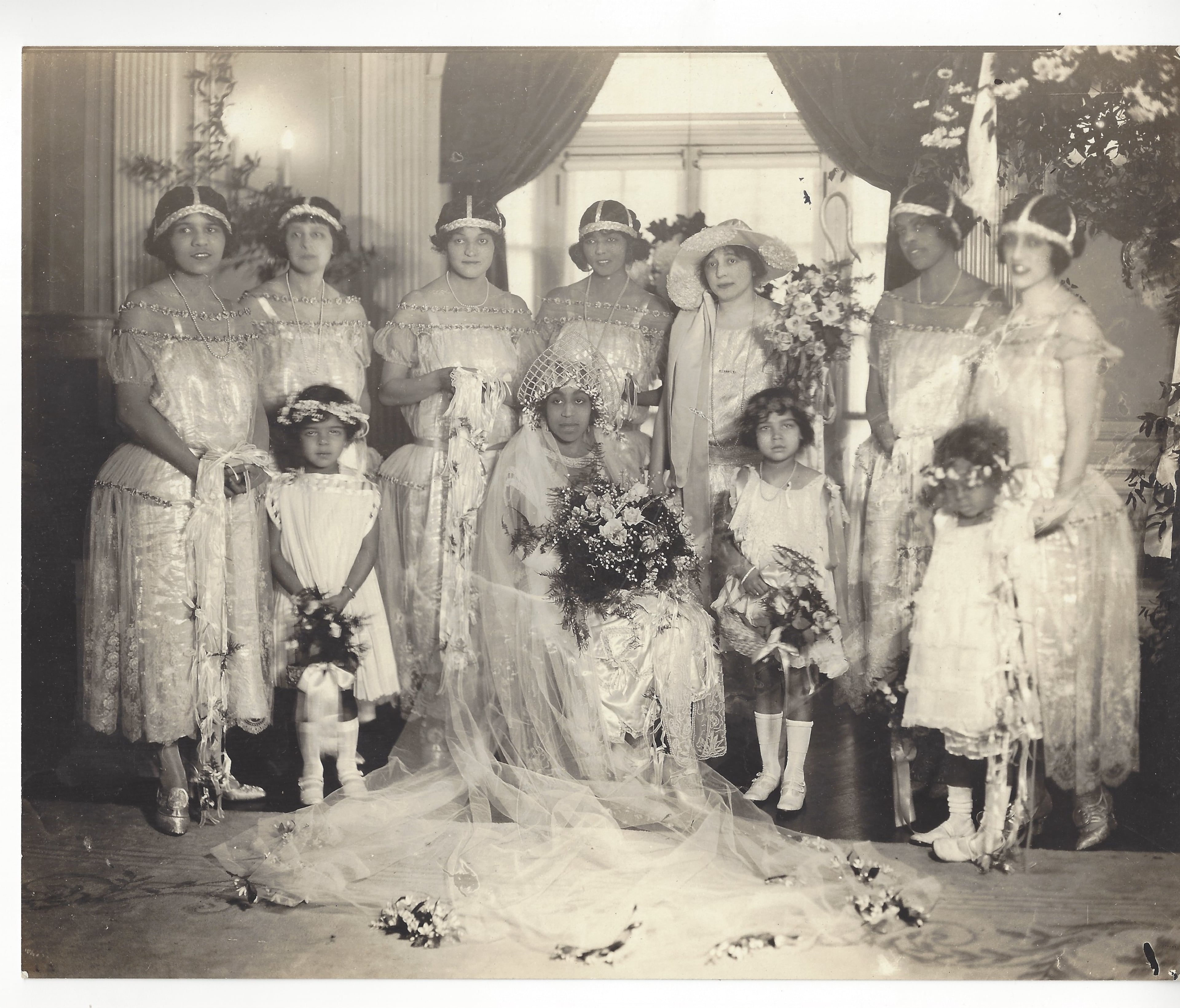 The 1923 wedding of Mae Walker, a lavish affair held at Villa Lewaro in New York. A'Lelia Walker founded the Harlem Debutantes Club to ensure that Mae socialized with the daughters of Harlem's best Black families. But A'Lelia Walker would later be unsympathetic and turn a blind eye to the abuse Mae suffered during the marriage. (Courtesy of A'Lelia Bundles from the Madam Walker Family archives)