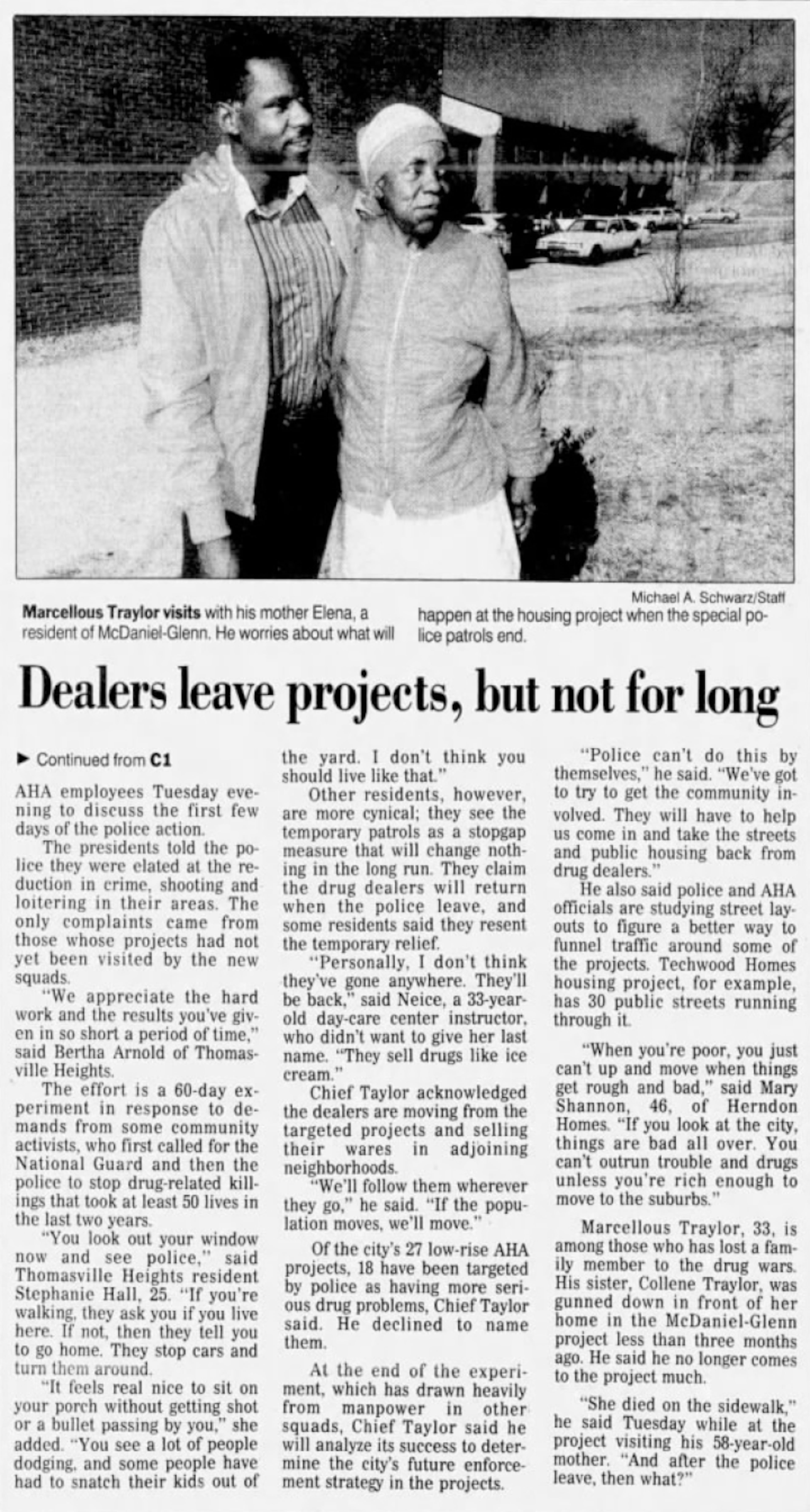 A news article from The Atlanta Journal (now The Atlanta Journal-Constitution) from Jan. 17, 1990, details drug busts in the Thomasville Heights housing project. (AJC file)