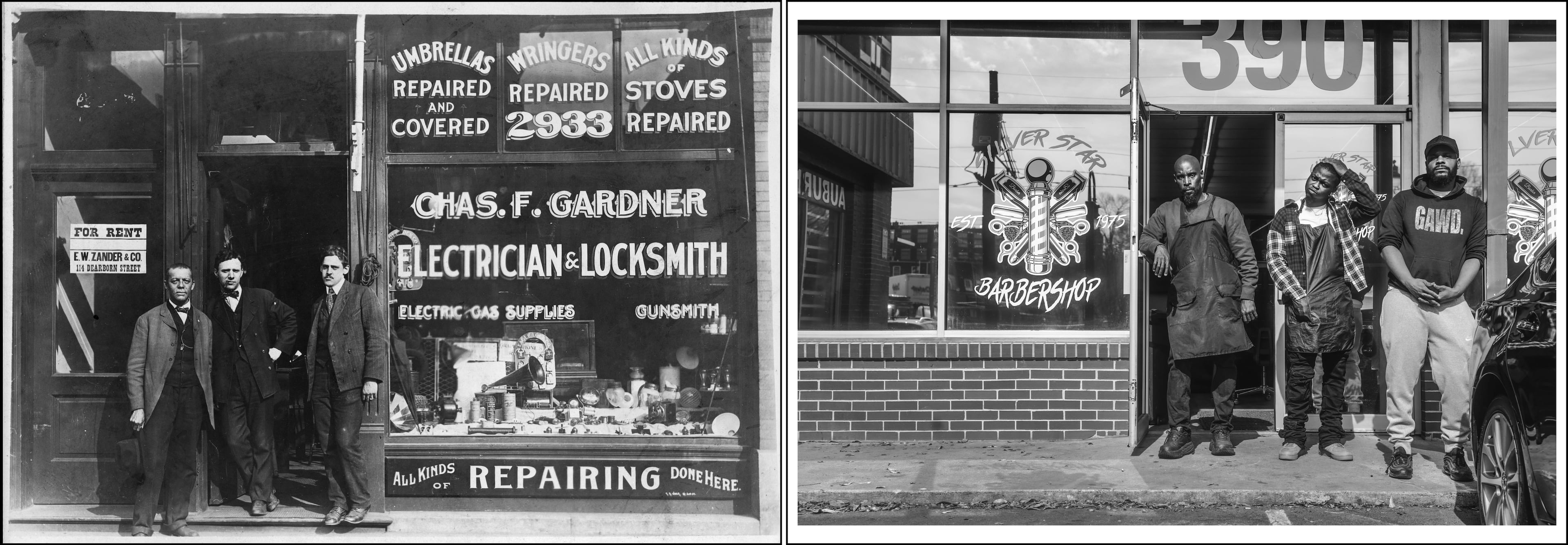 Left: Three men stand at the entrance to Chas. F. Gardner Electrician and Locksmith at 2933 State St. in Chicago. In 1900, W.E.B. Du Bois presented hundreds of portraits and scenes of Black American life for his’ "Exhibit of American Negroes" at the World’s Fair in Paris. (Special Collections and University Archives, University Libraries, University of Massachusetts Amherst)
Right: In a re-creation of the left photo, Horace Robinson (in open doorway), owner of Silver Star Barbershop, poses with barbers Devin Pittman and Brandon "Duke" Graham on Feb. 3, 2026. (Natrice Miller/AJC)