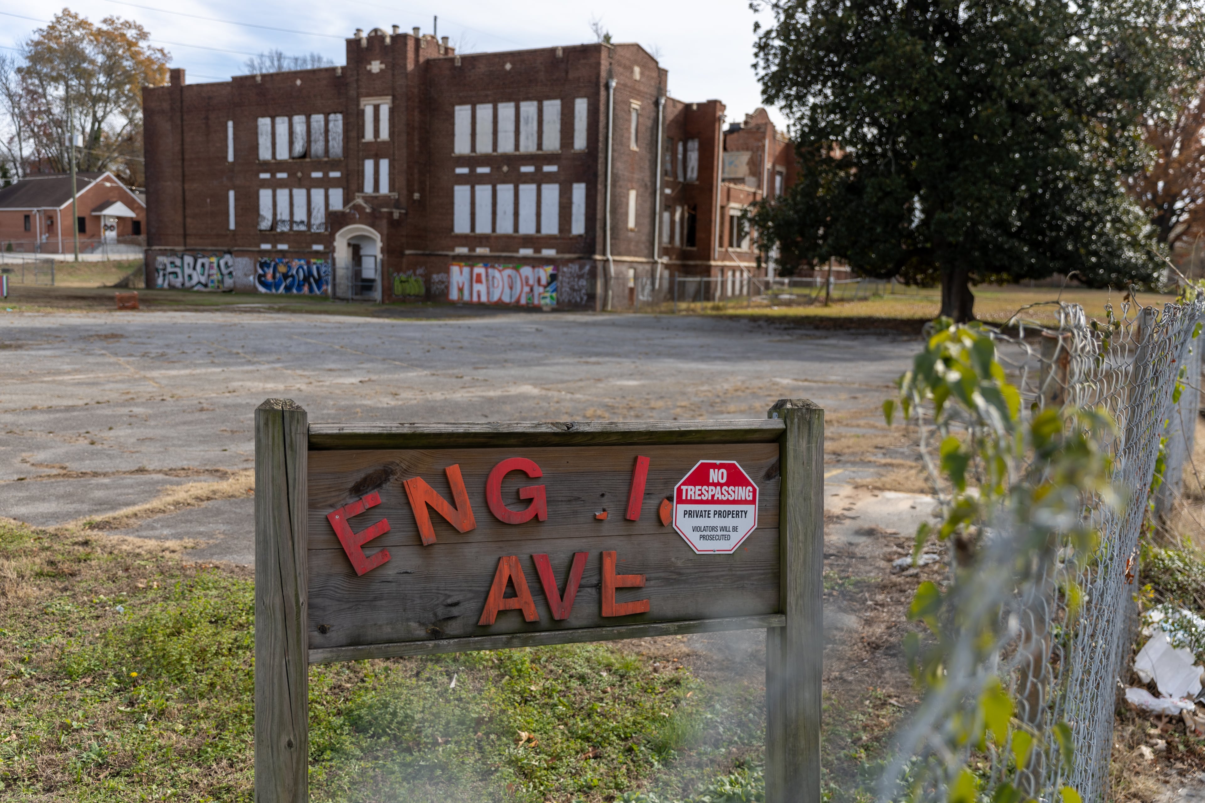 A shuttered school is pictured in the English Avenue neighborhood of Atlanta. The community is so poor that the average household income is $15,000 for children who grow up there and reach 35 years old. (Arvin Temkar/AJC 2024)