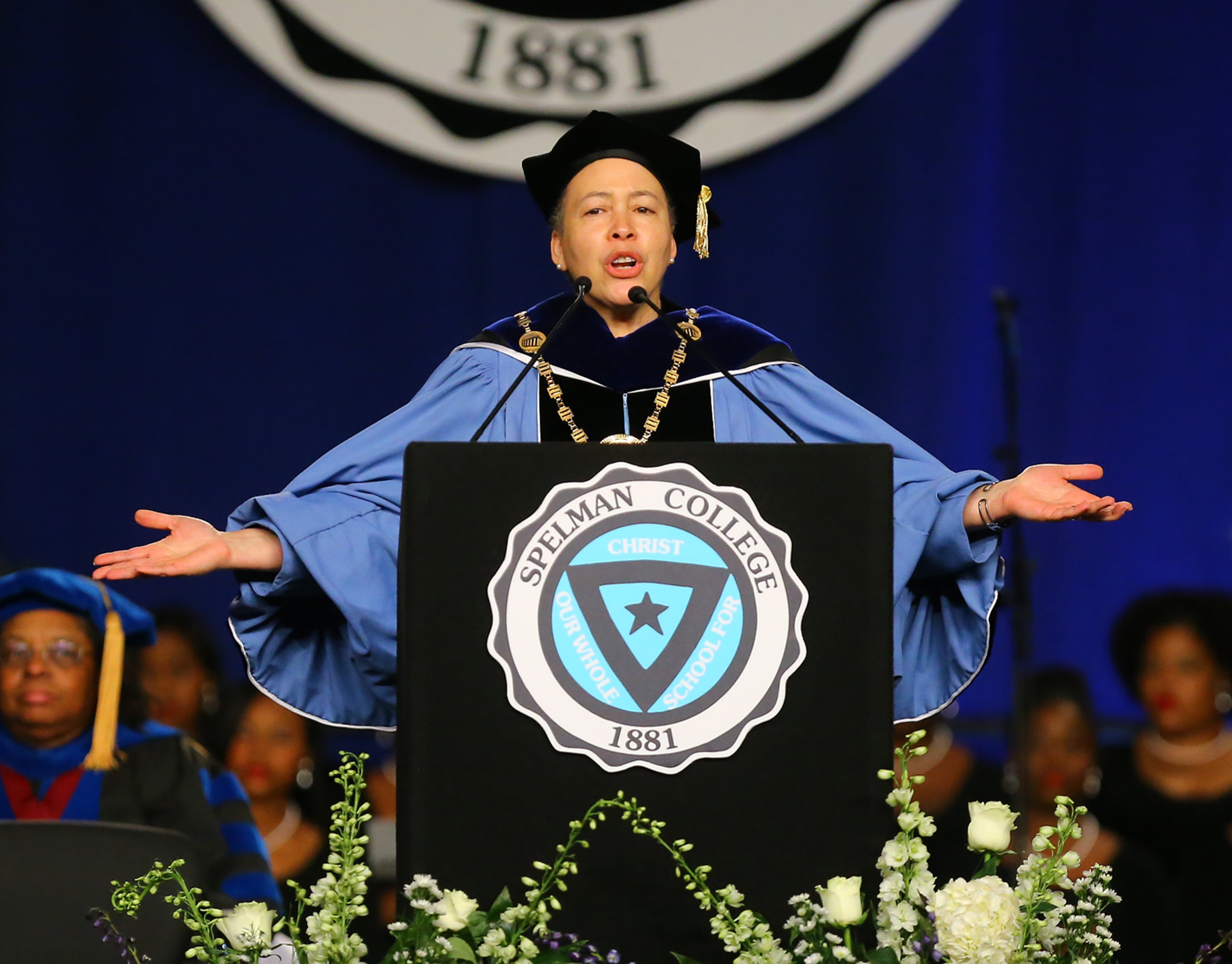 President Beverly Daniel Tatum, Ph.D., speaks to the occasion to open the Spelman College 127th Commencement at the Georgia World Congress Center on Sunday, May 18, 2014, in Atlanta. (Curtis Compton/AJC file photo)