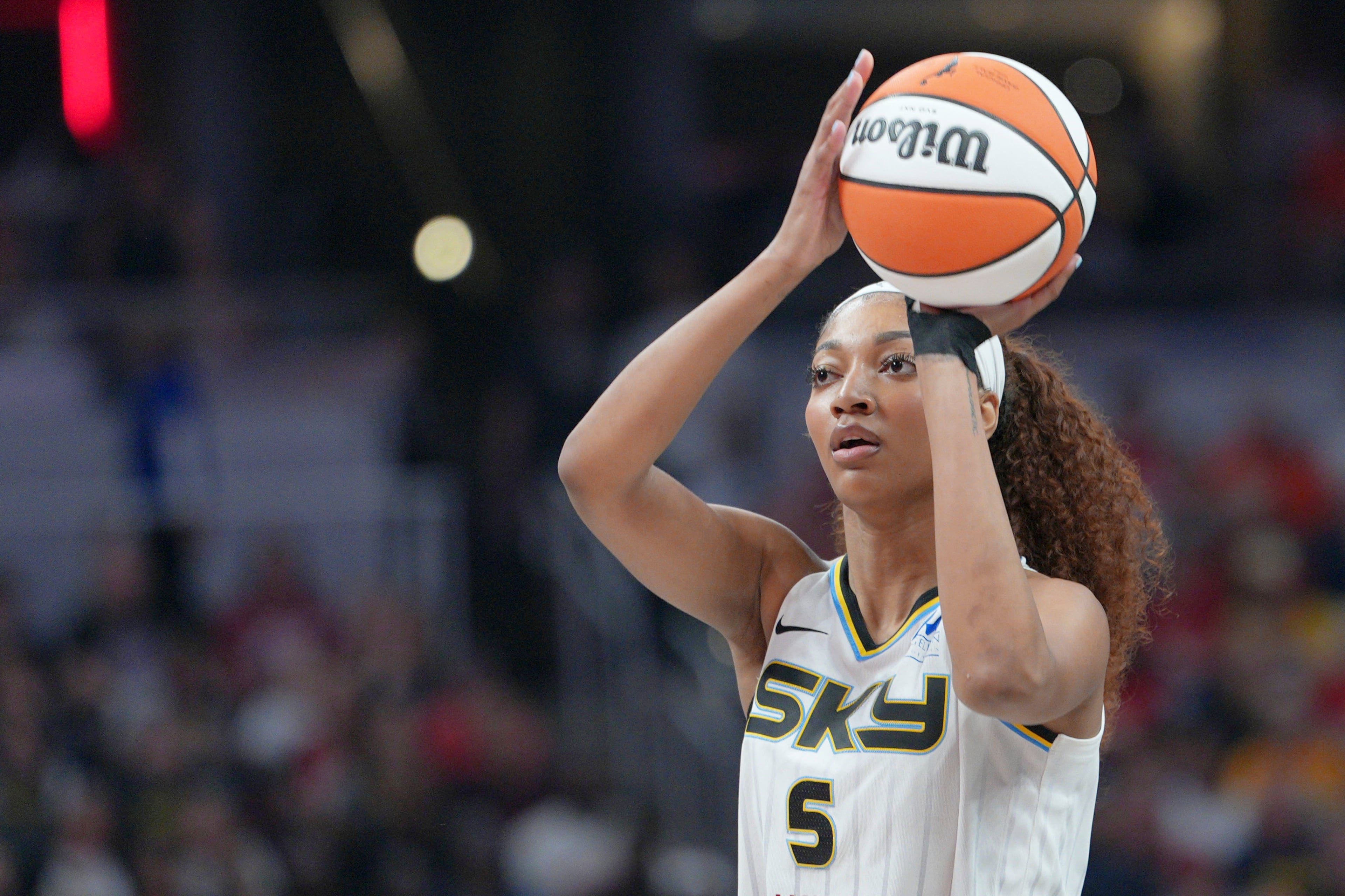FILE - Chicago Sky forward Angel Reese shoots during a WNBA basketball game against the Indiana Fever in Indianapolis, Saturday, May 17, 2025. (AP Photo/AJ Mast, File)