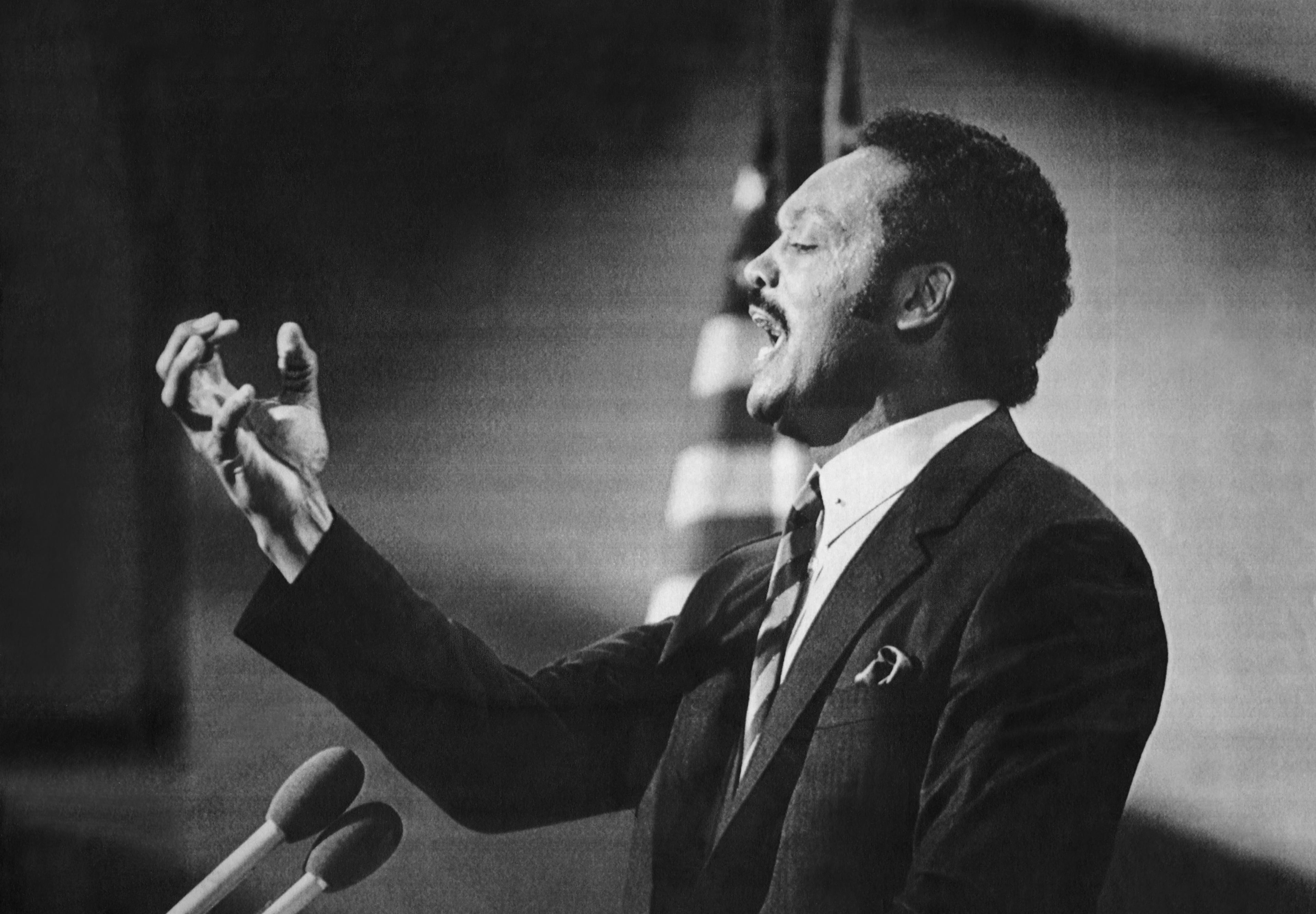 Jackson addresses the 1984 Democratic National Convention in San Francisco on July 17, 1984. (Jim Wilson/The New York Times)