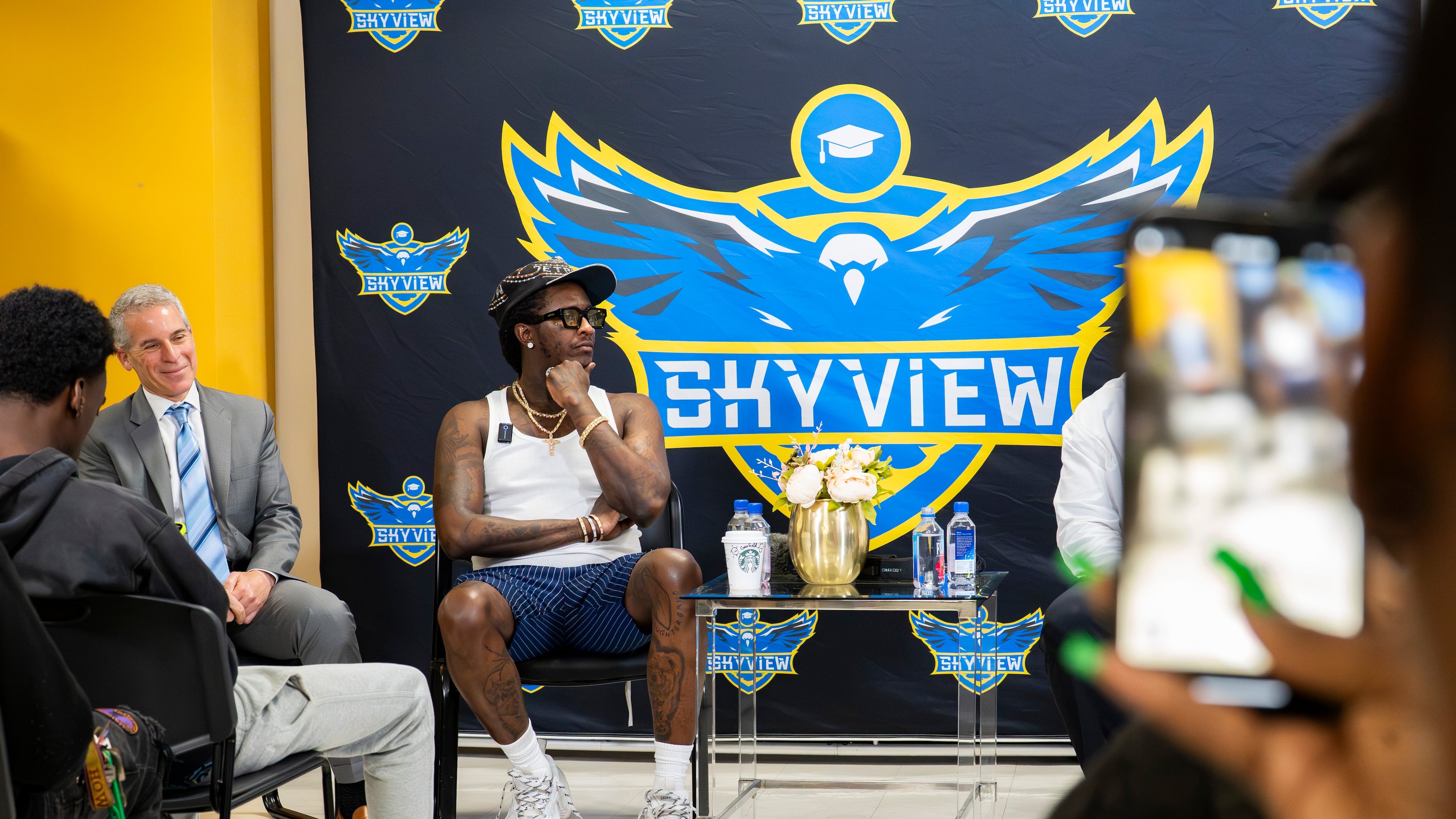 Jeffery Williams, known as rapper Young Thug, speaks to students at Skyview High School on Friday, Aug. 1, 2025. He returned to the school this month. (Olivia Bowdoin for the AJC)