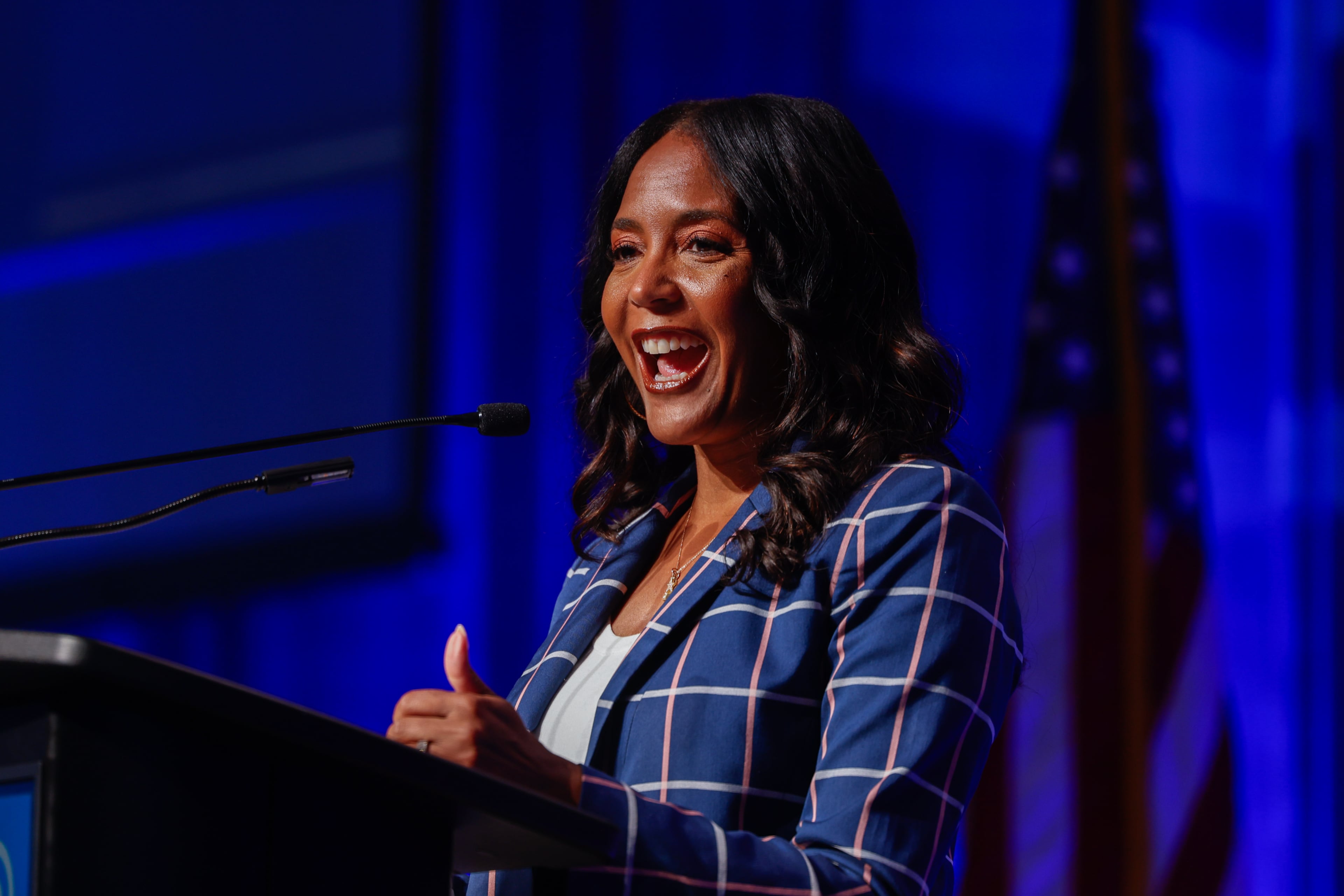 Democratic gubernatorial candidate Keisha Lance Bottoms speaks at the Democratic Party of Georgia state convention at Savannah Convention Center in Savannah on Aug. 1, 2026. (Arvin Temkar/AJC)
