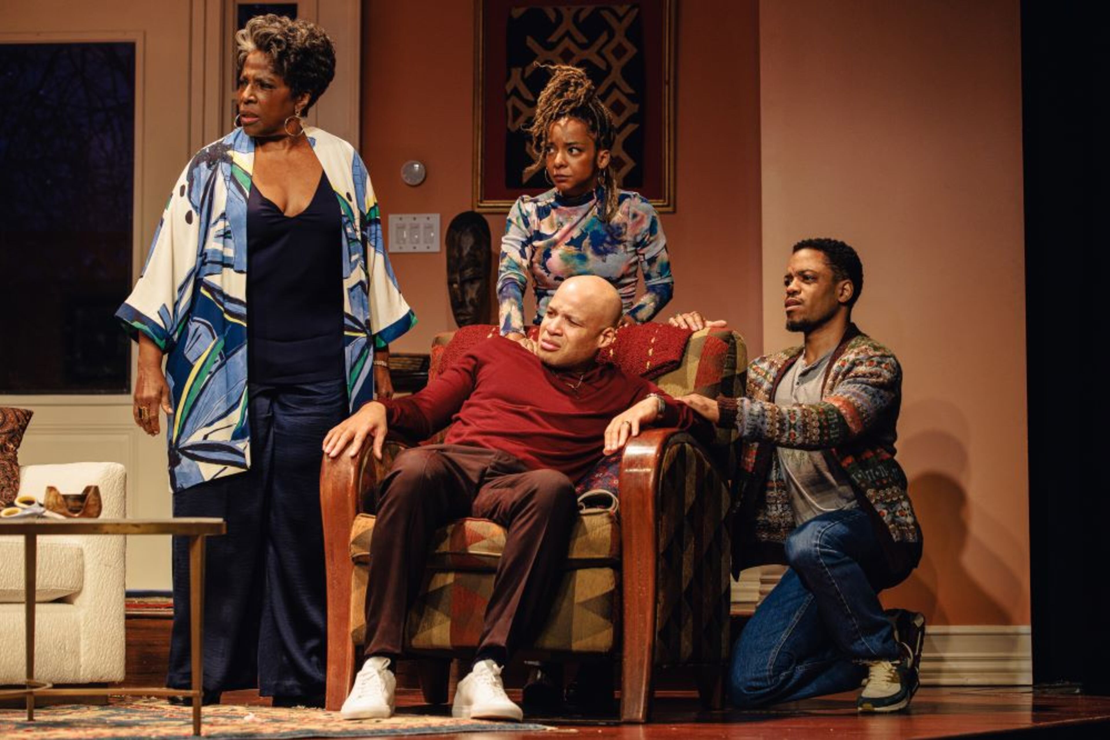 "Purpose" on Broadway features actors (left to right) LaTanya Richardson Jackson (Claudine), Glenn Davis (Junior), Kara Young (Aziza) and Jon Michael Hill (Naz). It runs at Hayes Theater in New York until August 31, 2025.