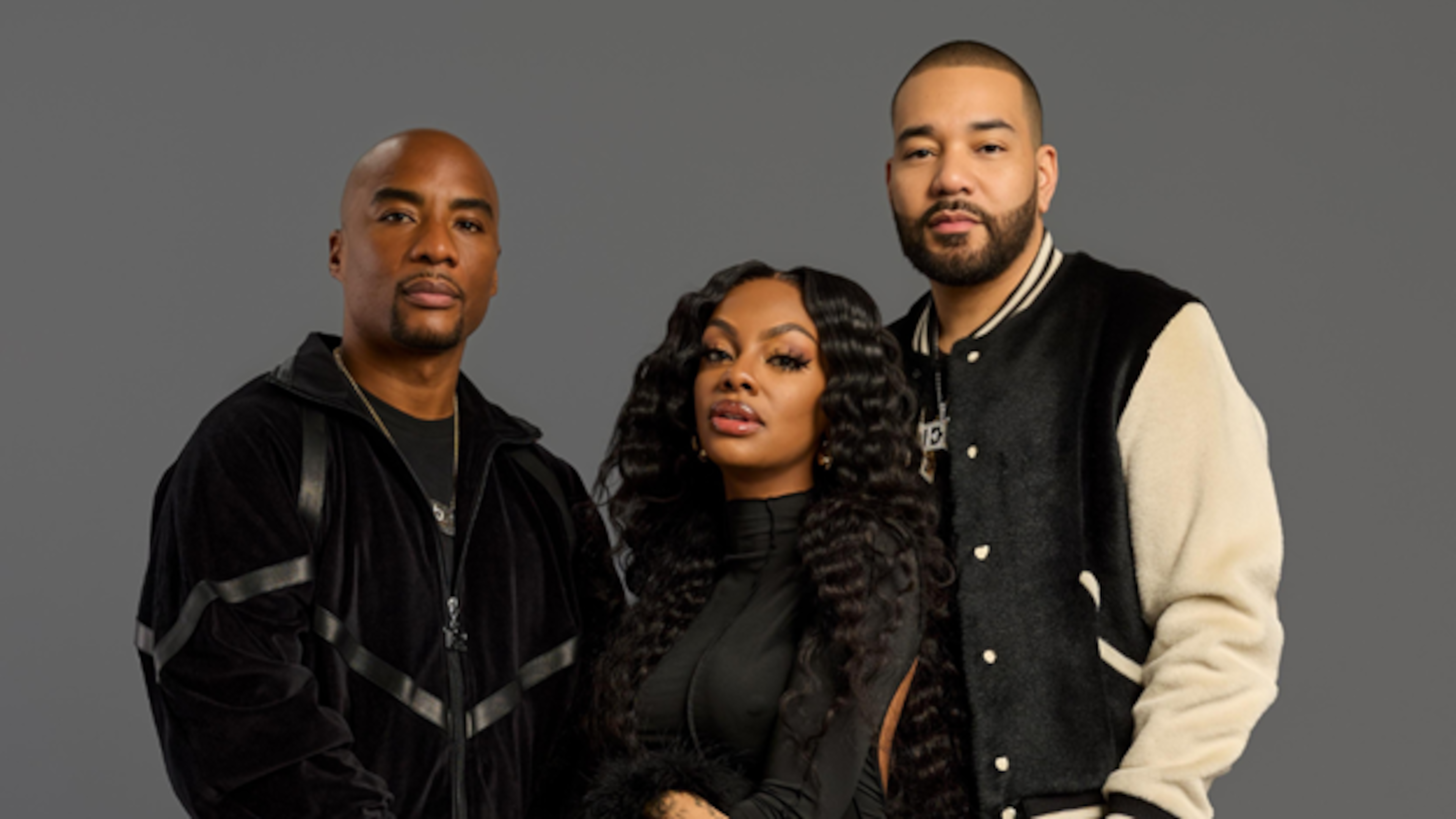 Jess Hilarious (center) with DJ Envy (right) and Charlamagne Tha God (left). (Courtesy of 105.3 The Beat)