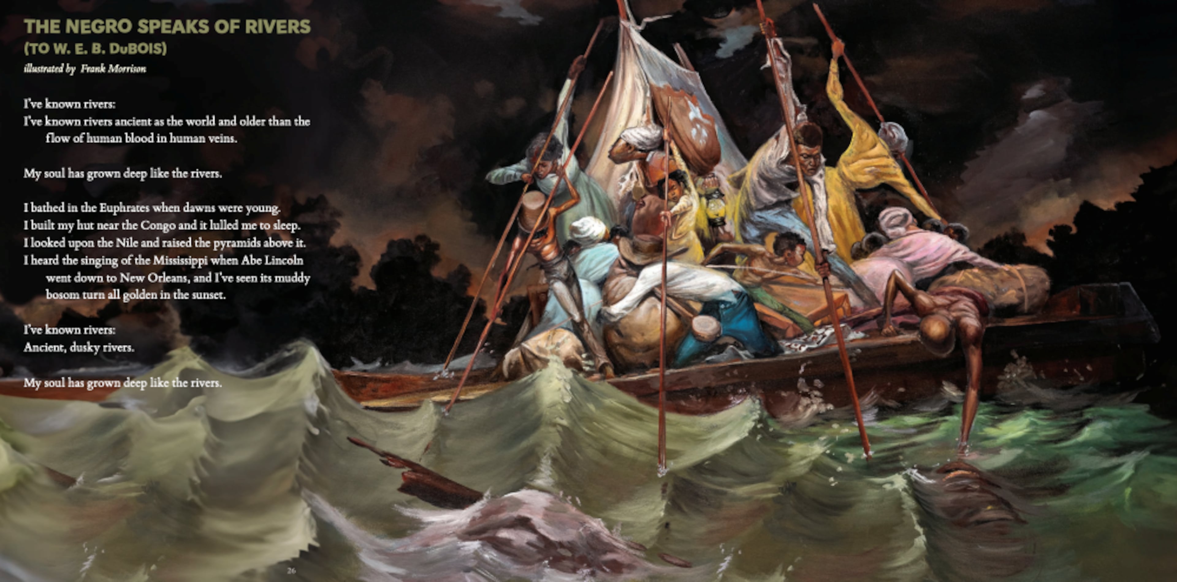 'Black Moon Rises' is an oil on canvas piece by visual artist Frank Morrison included in 'Melodies of the Weary Blues,' a children's book reimaging Langston Hughes' 1926 poetry collection.