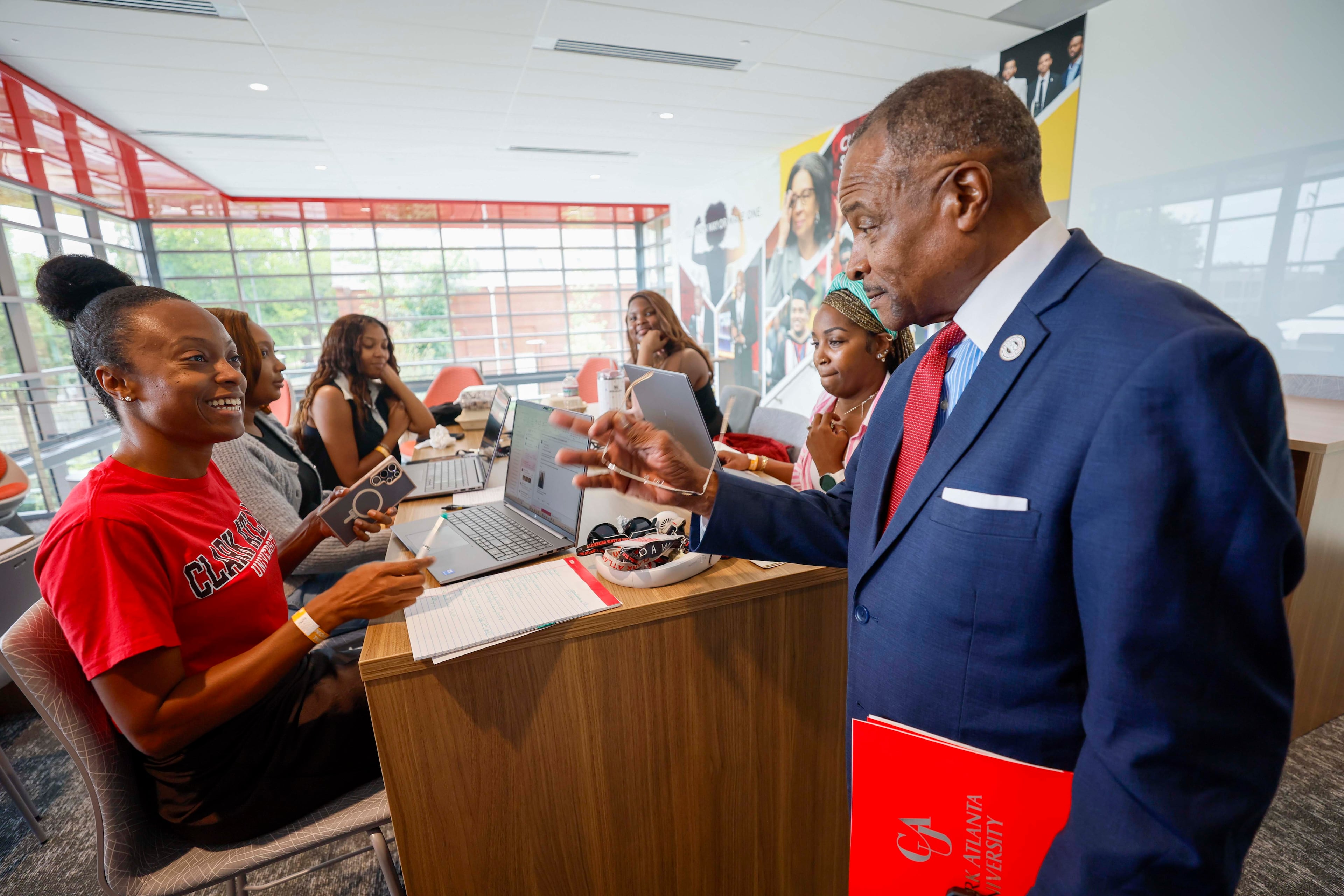 Clark Atlanta University President George French met with staff and scholars working in the new Student Success Center on campus Wednesday, Sept. 2, 2026. The building was designed to change how students access resources, connect with others, and reach their goals. (Miguel Martinez/AJC)