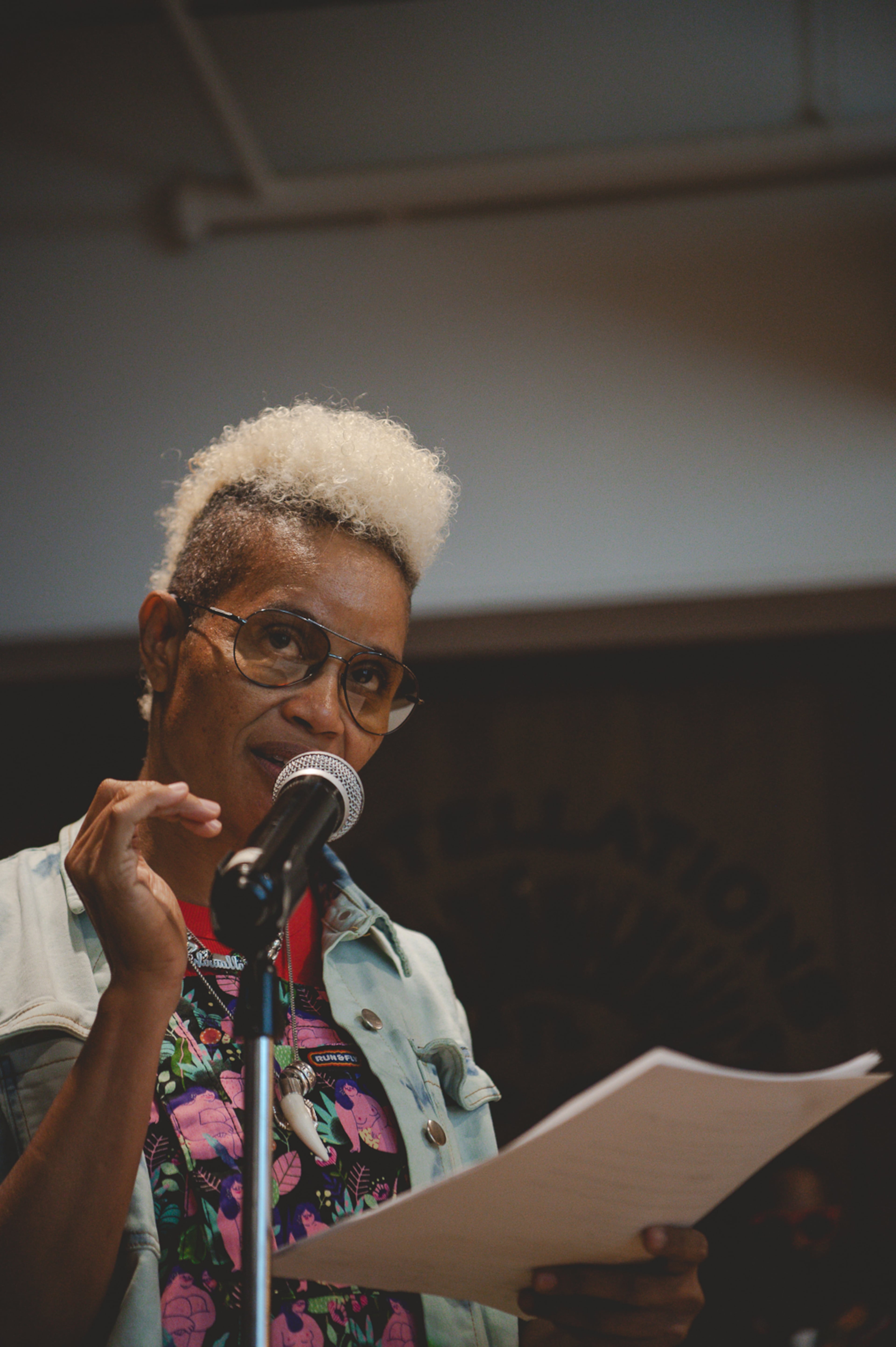 Staceyann Chin recites a poem at SisterSong Women of Color Reproductive Justice Collective's “For the Love of Culture Vol. 1” on Saturday, Sept. 20, 2025, at Constellations ATL in Sweet Auburn. (Courtesy of SisterSong)