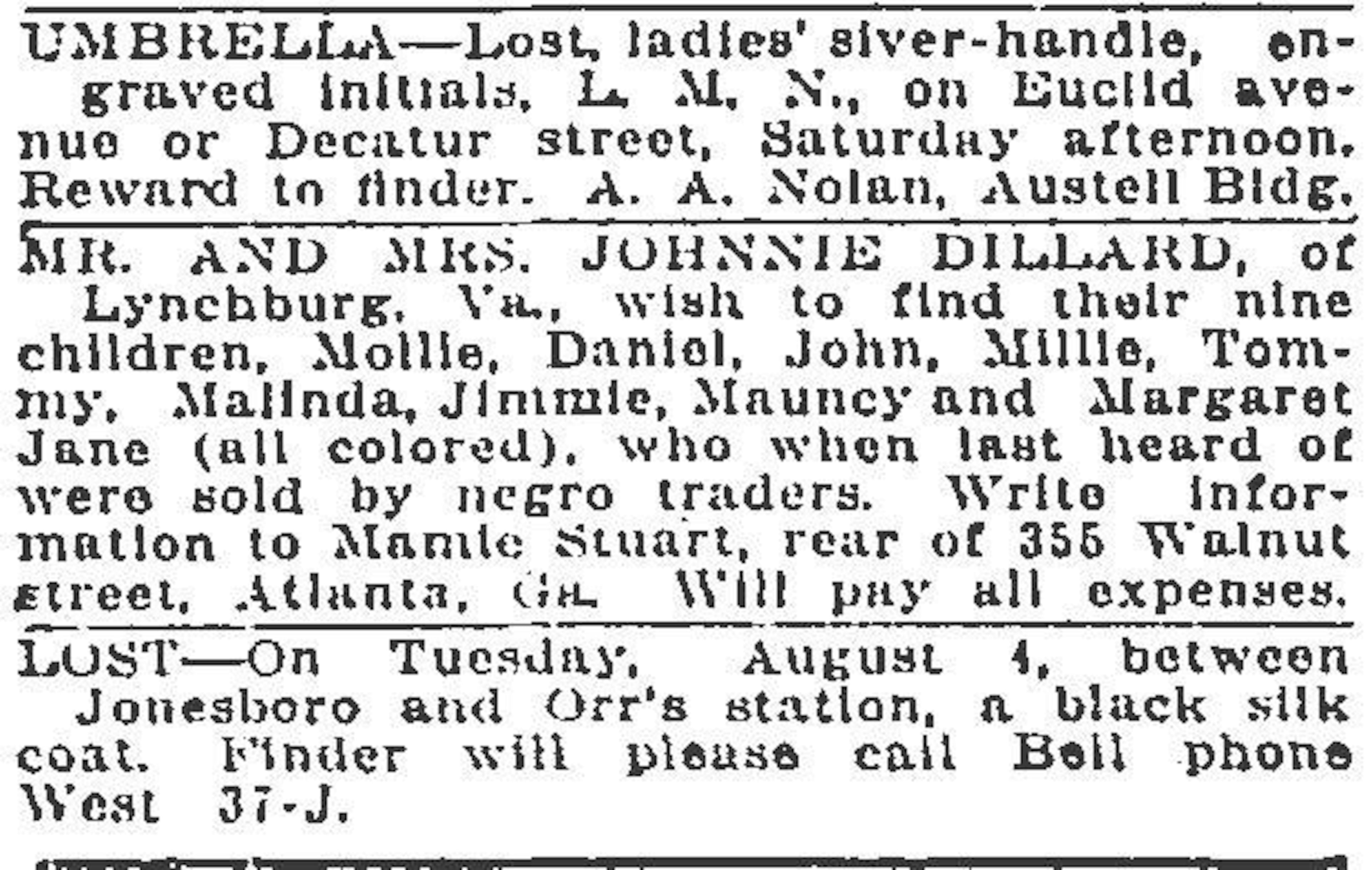 A desperate ad to find relatives appears in the "lost and found" section of the Atlanta Constitution in 1917 (Atlanta Journal-Constitution Archive)