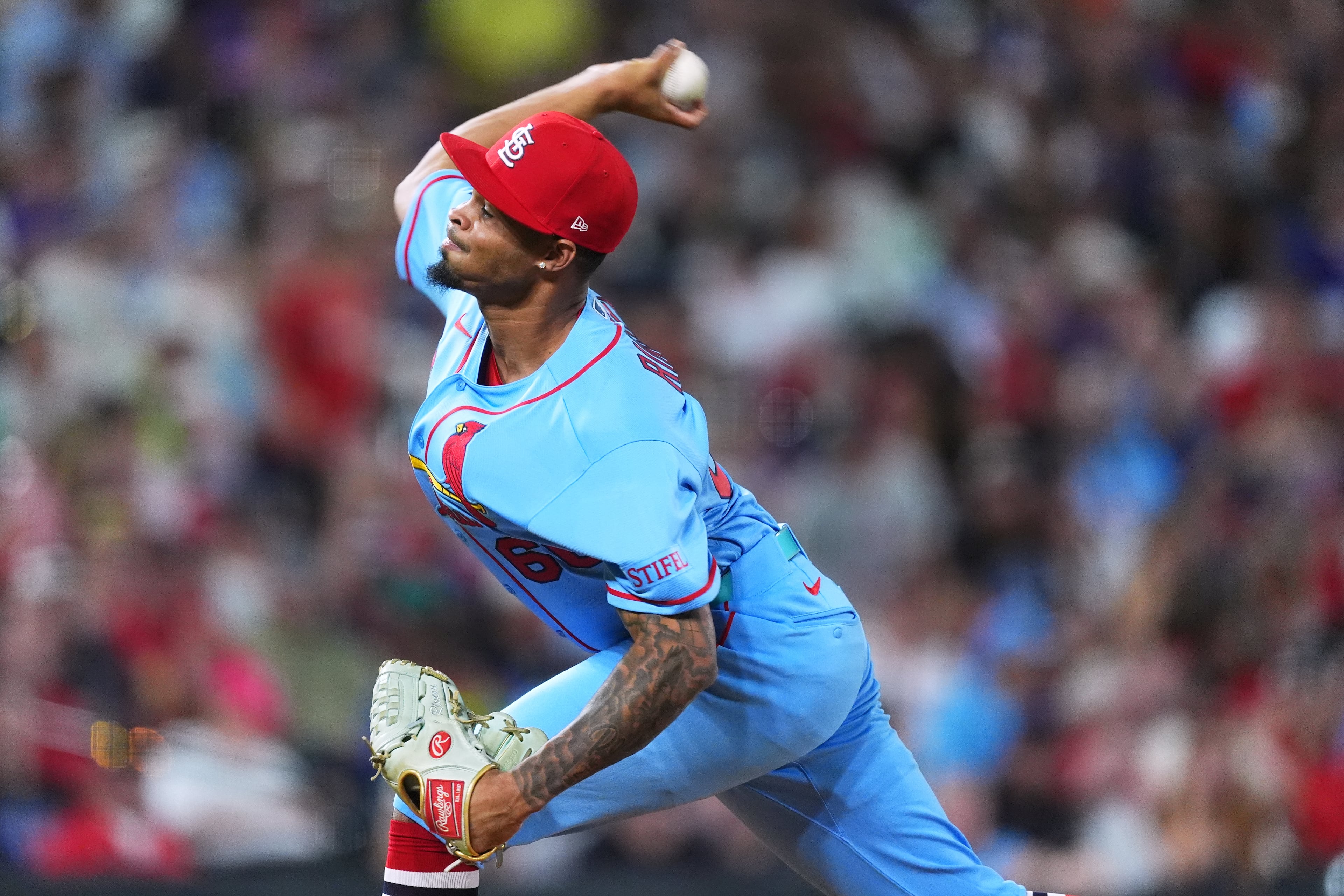 St. Louis Cardinals relief pitcher Hancel Rincon works against the Colorado Rockies in the sixth inning of a baseball game, Saturday, Sept. 5, 2026, in Denver. (David Zalubowski/AP)