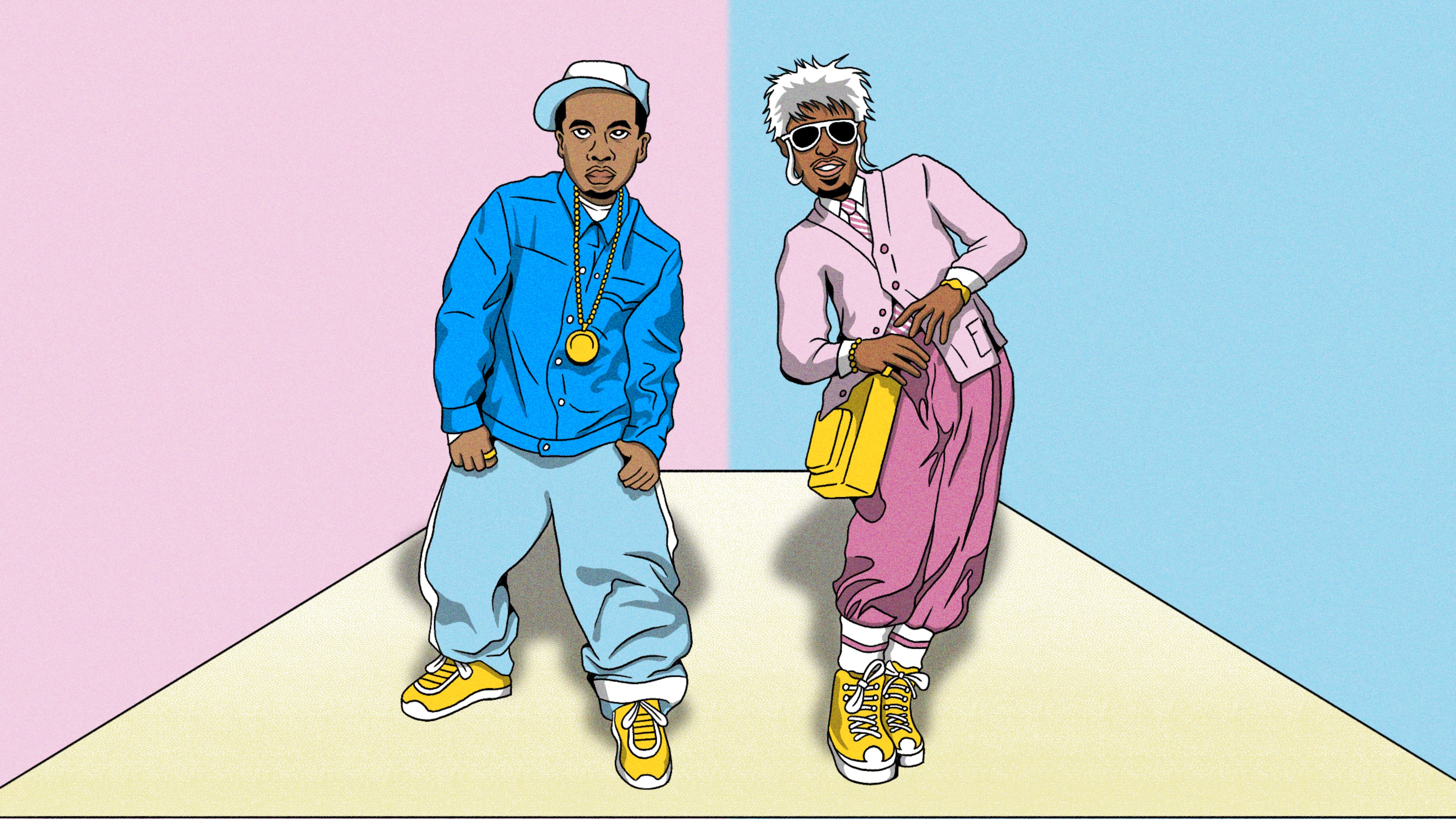 In their 20-plus years in the spotlight, Outkast's Big Boi (left) and André 3000 have evolved as musicians as much as their fashion styles have changed over the years. (Illustration: Broly Su/AJC)