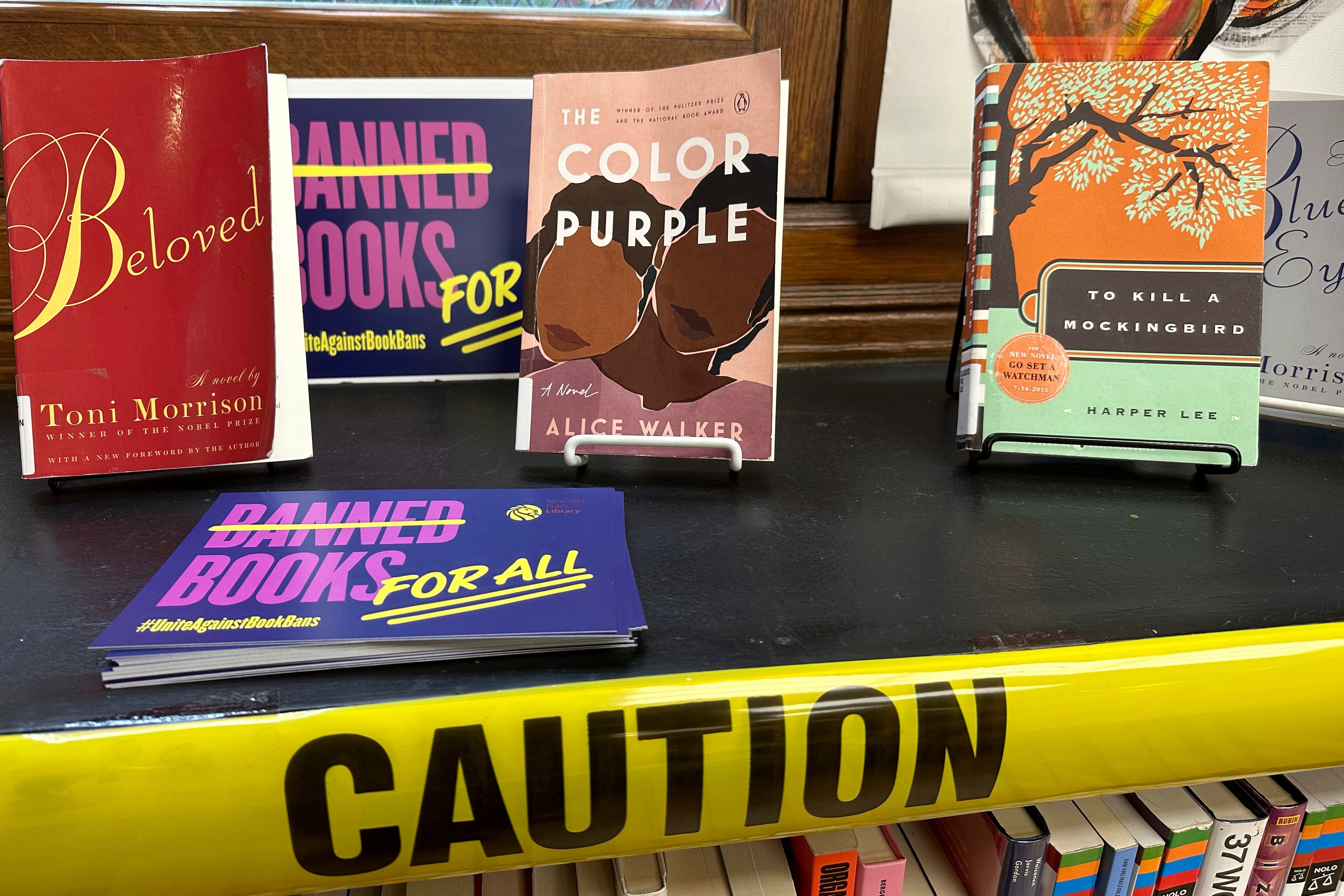 A Banned Books Week display is at the Mott Haven branch of the New York Public Library in the Bronx borough of New York City on Saturday, Oct. 7, 2023. (Ted Shaffrey/AP)
