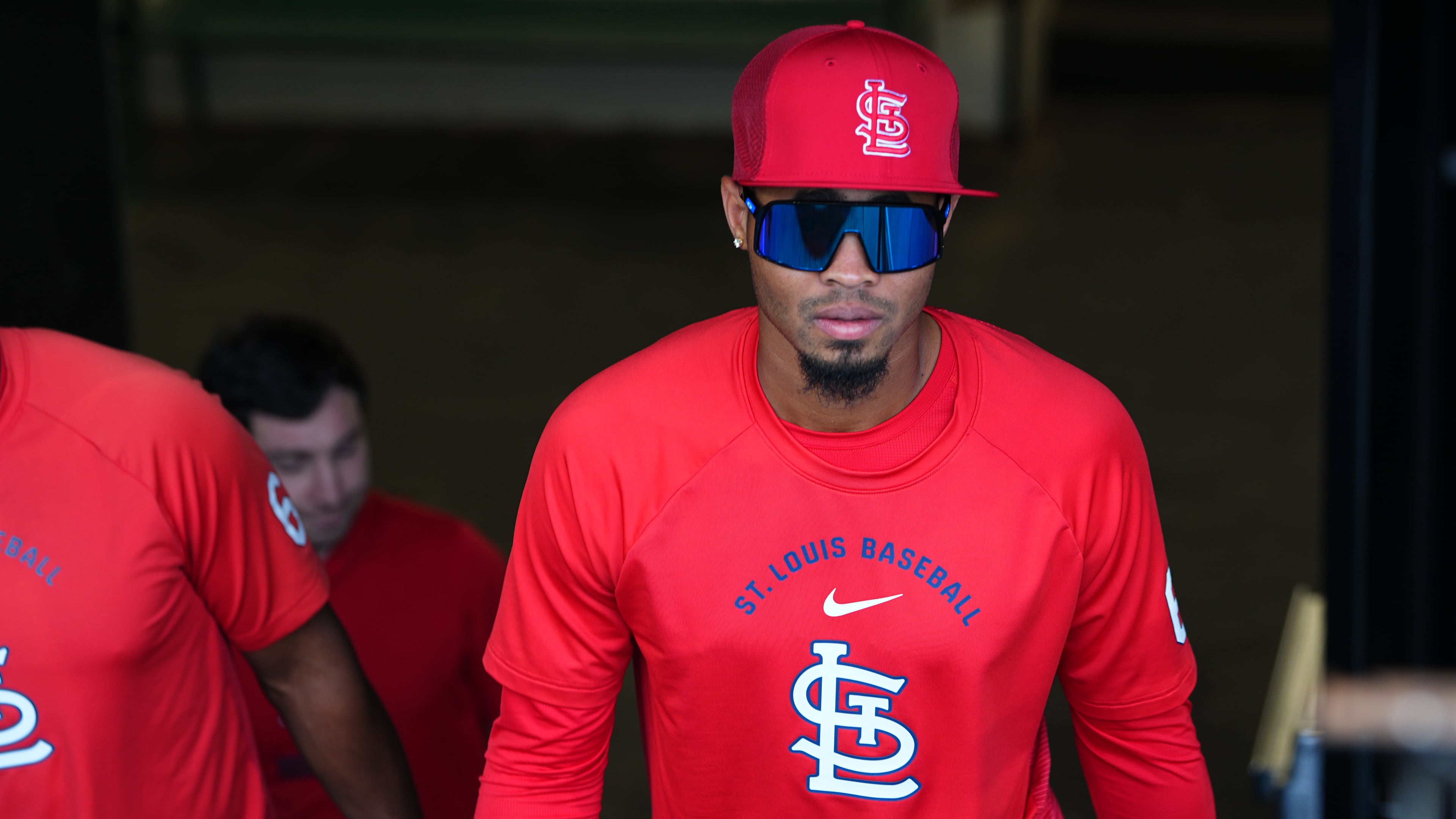 St. Louis Cardinals rookie pitcher Hancel Rincon emerges from the clubhouse to take part in practice before a baseball game against the Colorado Rockies, Saturday, Sept. 5, 2026, in Denver. The day before, he was asked to straighten his tilted ball cap. (David Zalubowski/AP)