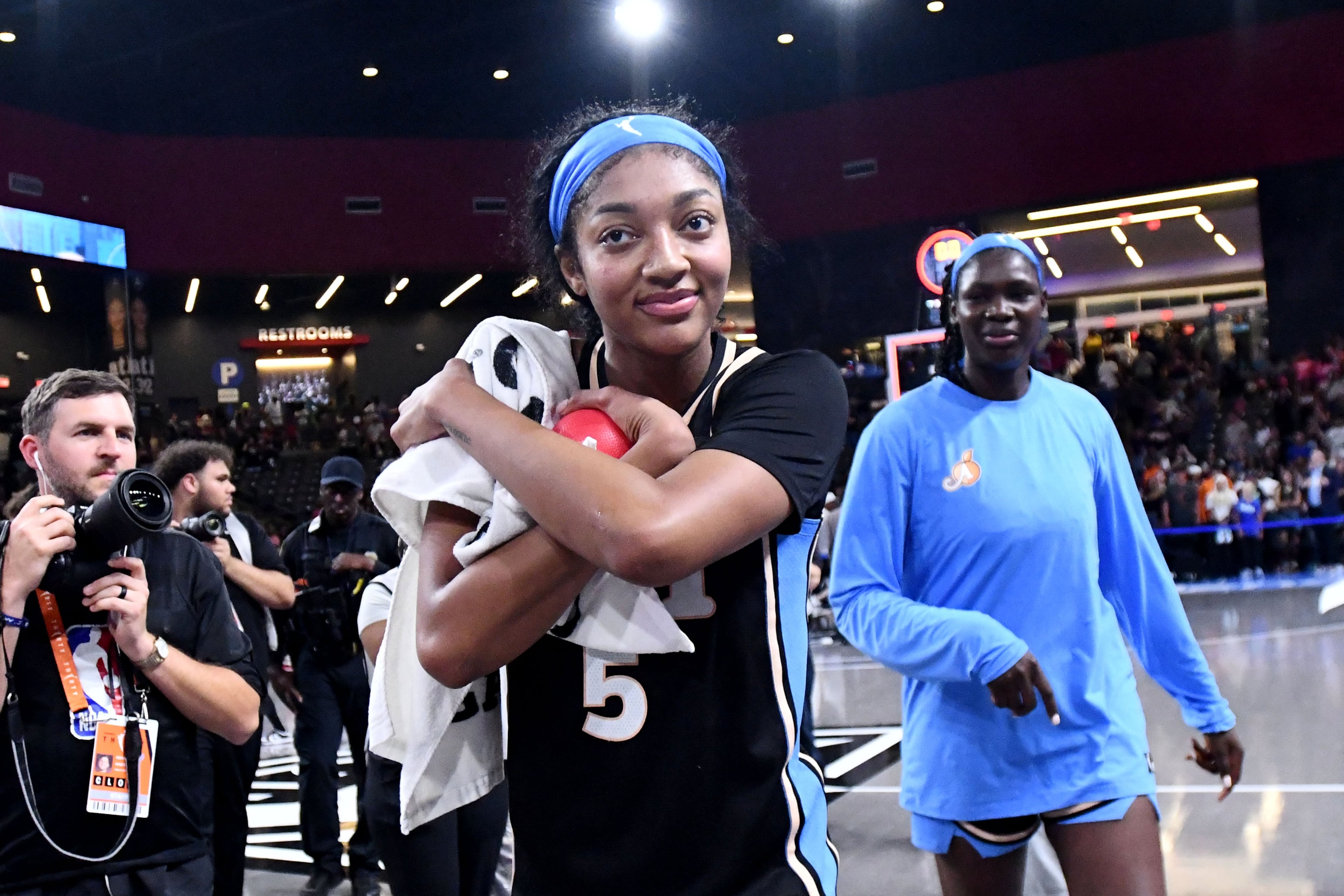 Atlanta Dream forward Angel Reese celebrates after defeating the Dallas Wings in a WNBA game at Gateway Center Arena on Friday, May 22, 2026, in Atlanta. Atlanta Dream won 86-69 over Dallas Wings. (Hyosub Shin/AJC)