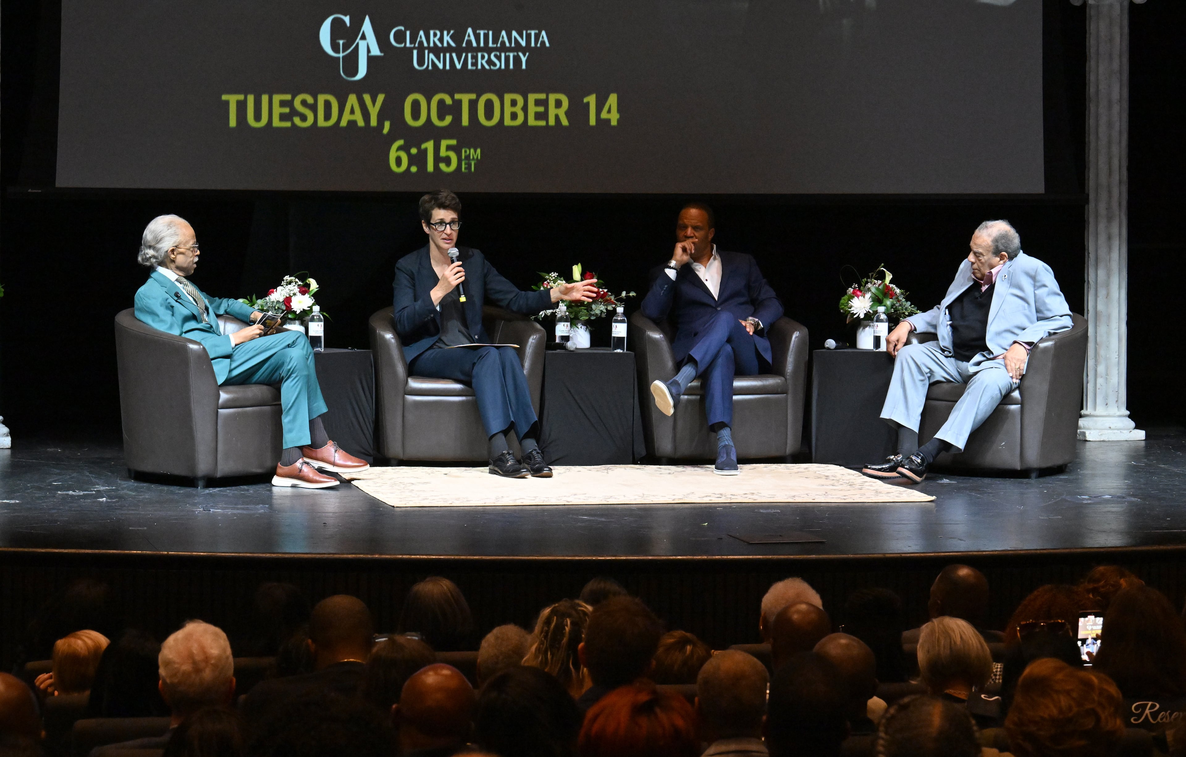 The Rev. Al Sharpton (from left); Rachel Maddow, MSNBC executive producer and host; John Hope Bryant, CEO of Operation HOPE; and Ambassador Andrew Young participate in a special panel conversation ahead of the world premiere of the MSNBC documentary “Andrew Young: The Dirty Work,” at Clark Atlanta University on Oct. 14, 2025. (Hyosub Shin/AJC)