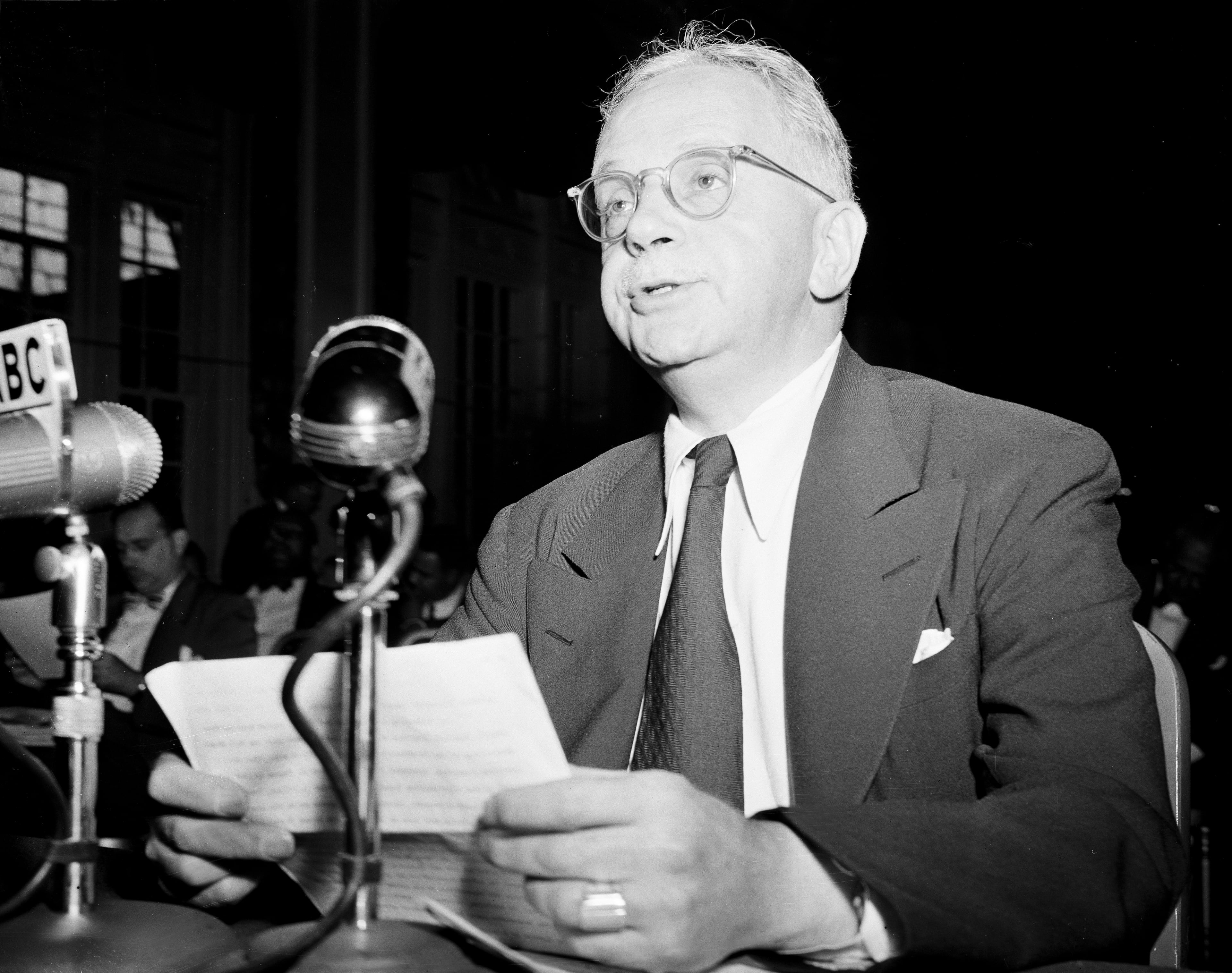 Walter White, executive secretary of the NAACP, speaks before a session of the Democratic subcommittee on resolutions in Philadelphia, July 8, 1948. White urged, along with others, the adoption of President Harry Truman's civil rights program in the party platform. (Courtesy of AP)