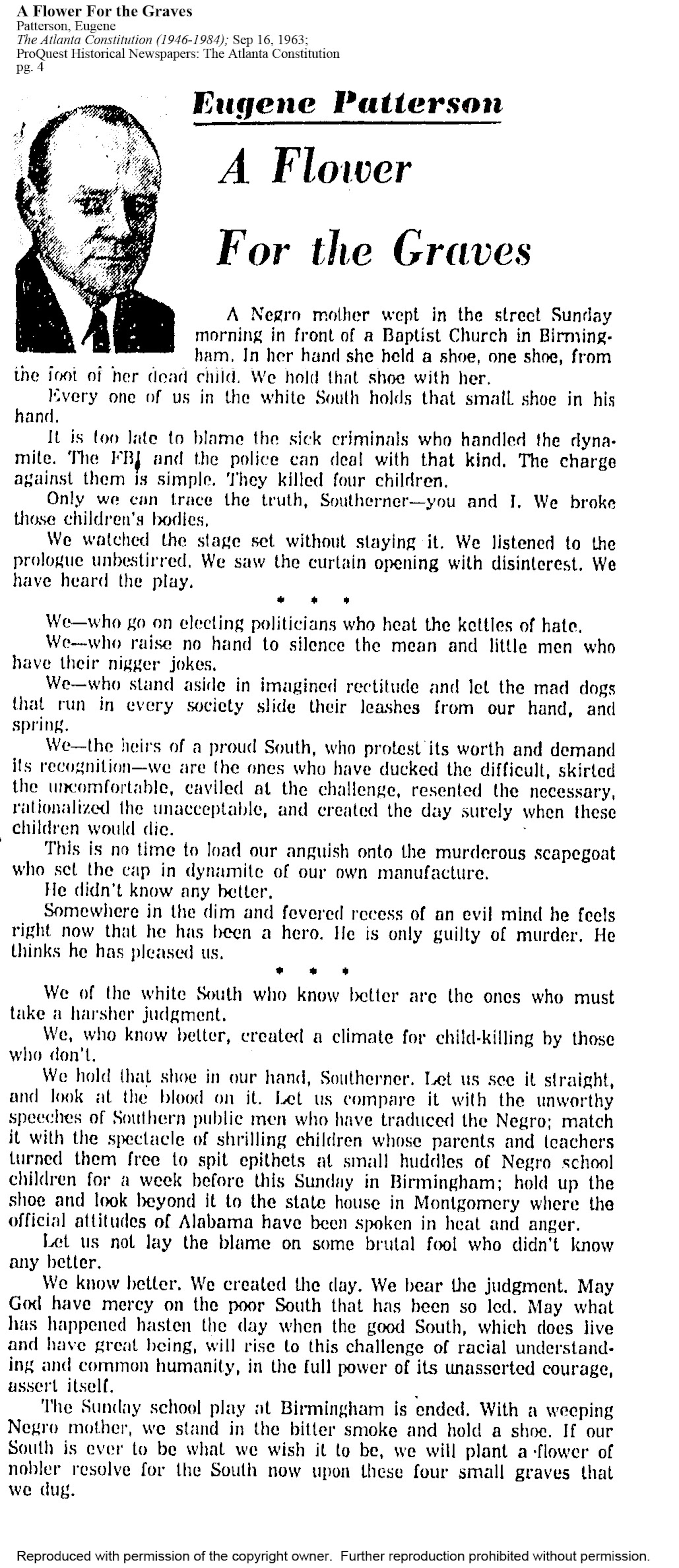 Atlanta Constitution editor Eugene Patterson published the column "A Flower For the Graves" on Sept. 16, 1963, one day after the church bombing in Birmingham, Alabama, that killed four little girls. (AJC file)