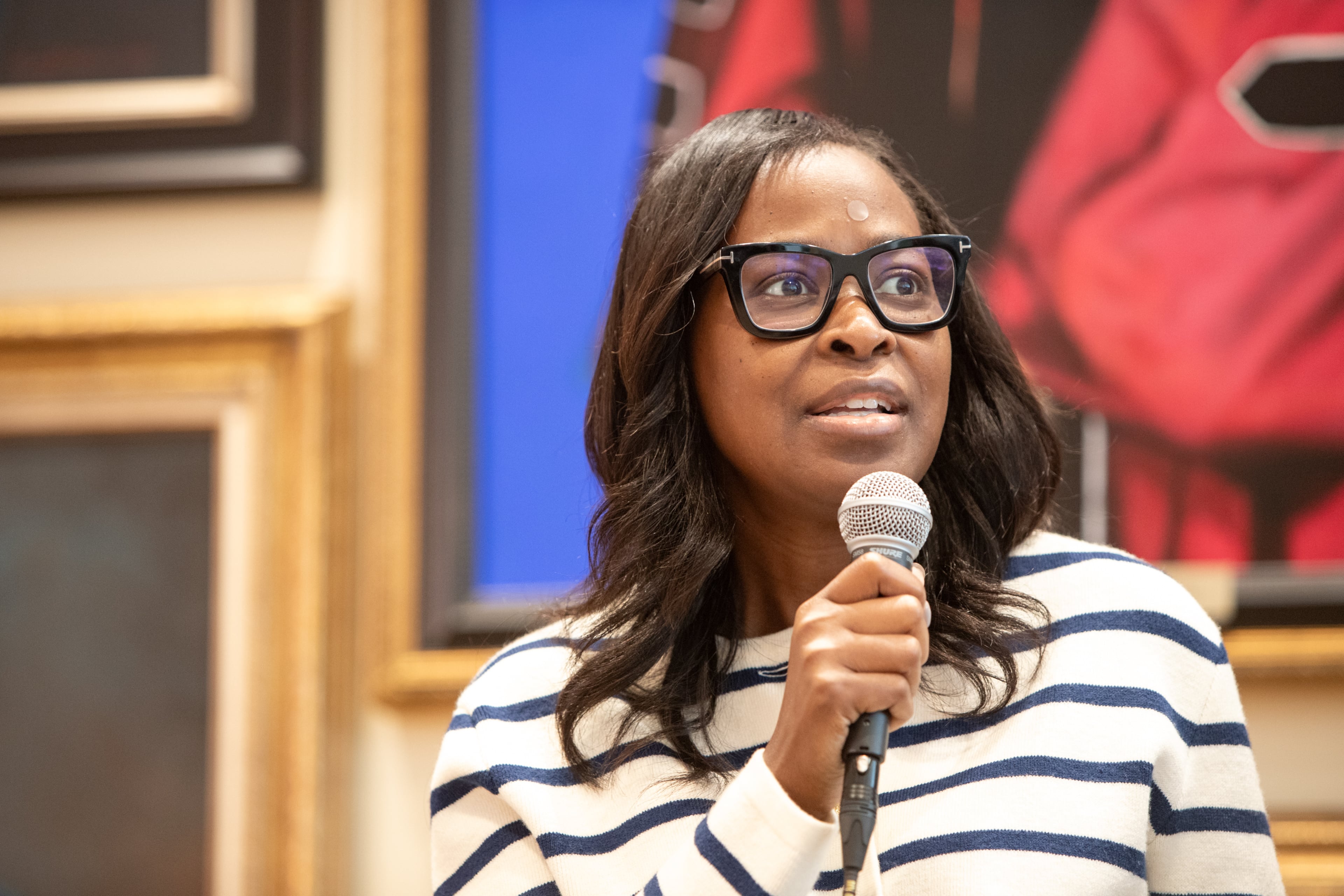 Errin Haines, editor at The 19th, is on a panel at Morehouse College during their Journalism week on Tuesday, Sept. 30, 2025. (Jenni Girtman for The Atlanta Journal-Constitution)
