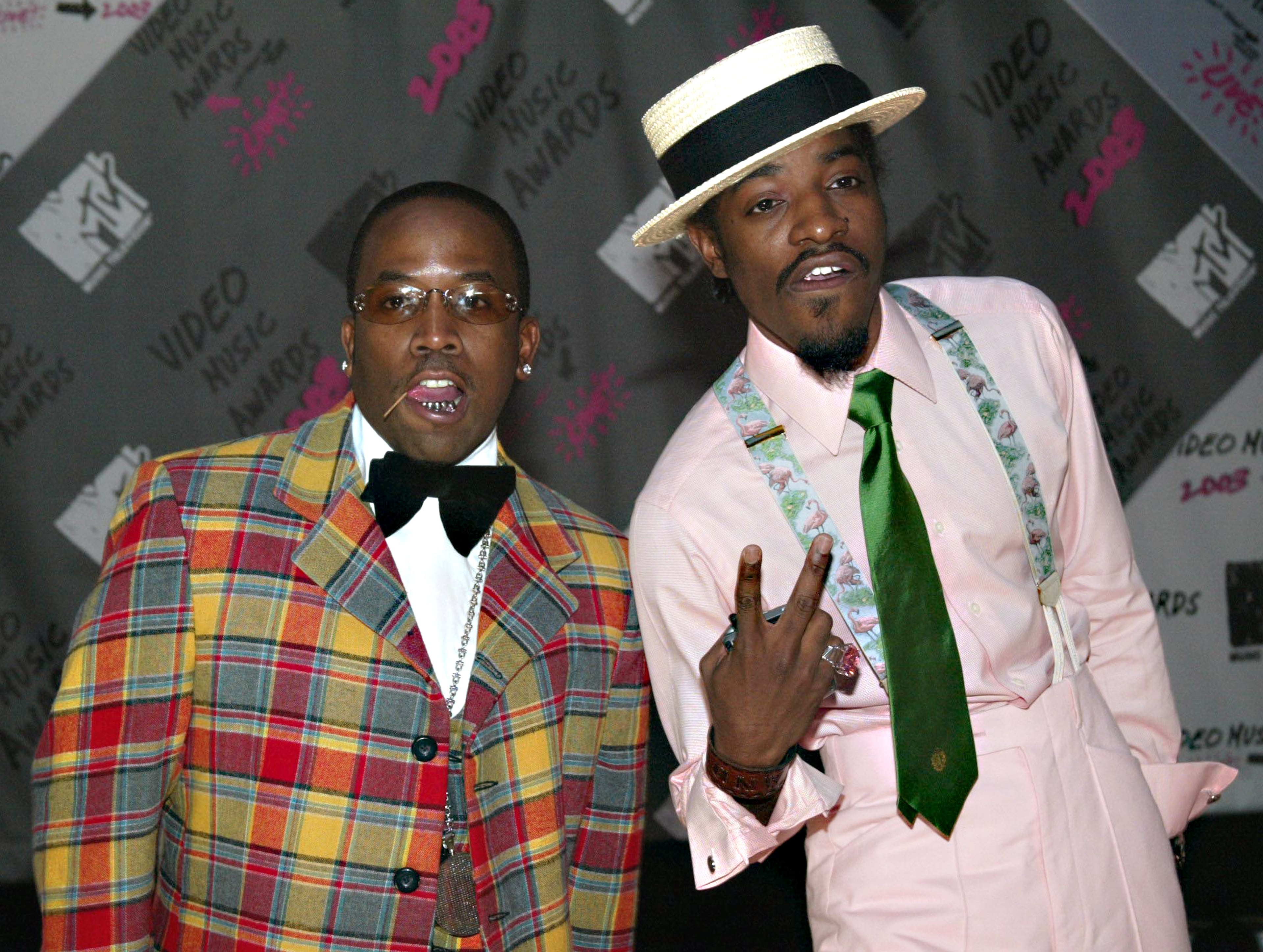 Big Boi, left, and Andre 3000 of Outkast arrive for the 2003 MTV Video Music Awards at Radio City Music Hall in New York on Aug. 28, 2003. (Evan Agostini/Getty Images)