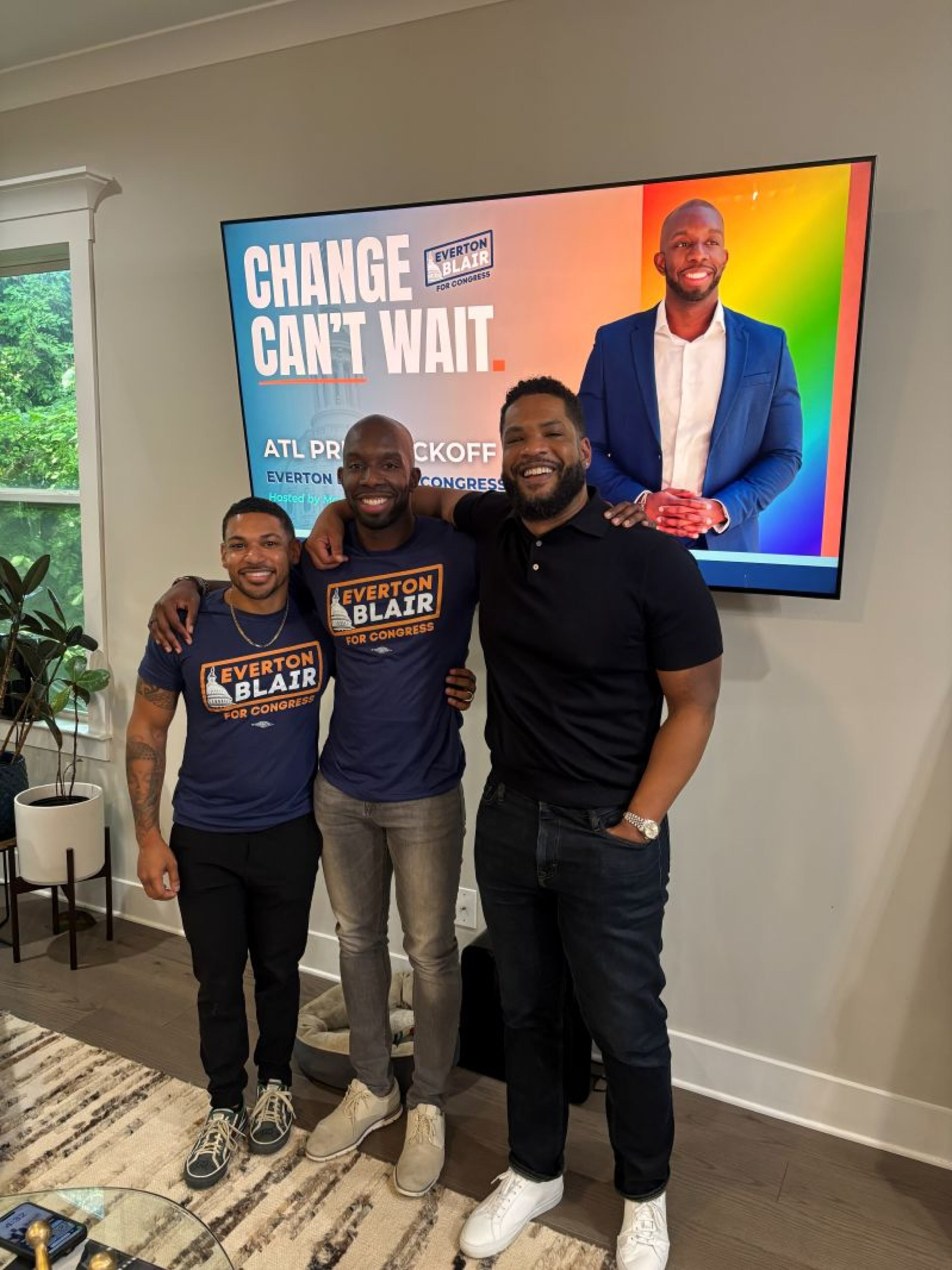 Married couple Marcus Johnson-McCaskill (left) and Andrew Johnson-McCaskill (right) host a fundraiser for Rep. Everton Blair Jr. in Atlanta in June 2025. (Courtesy of Andrew Johnson-McCaskill)