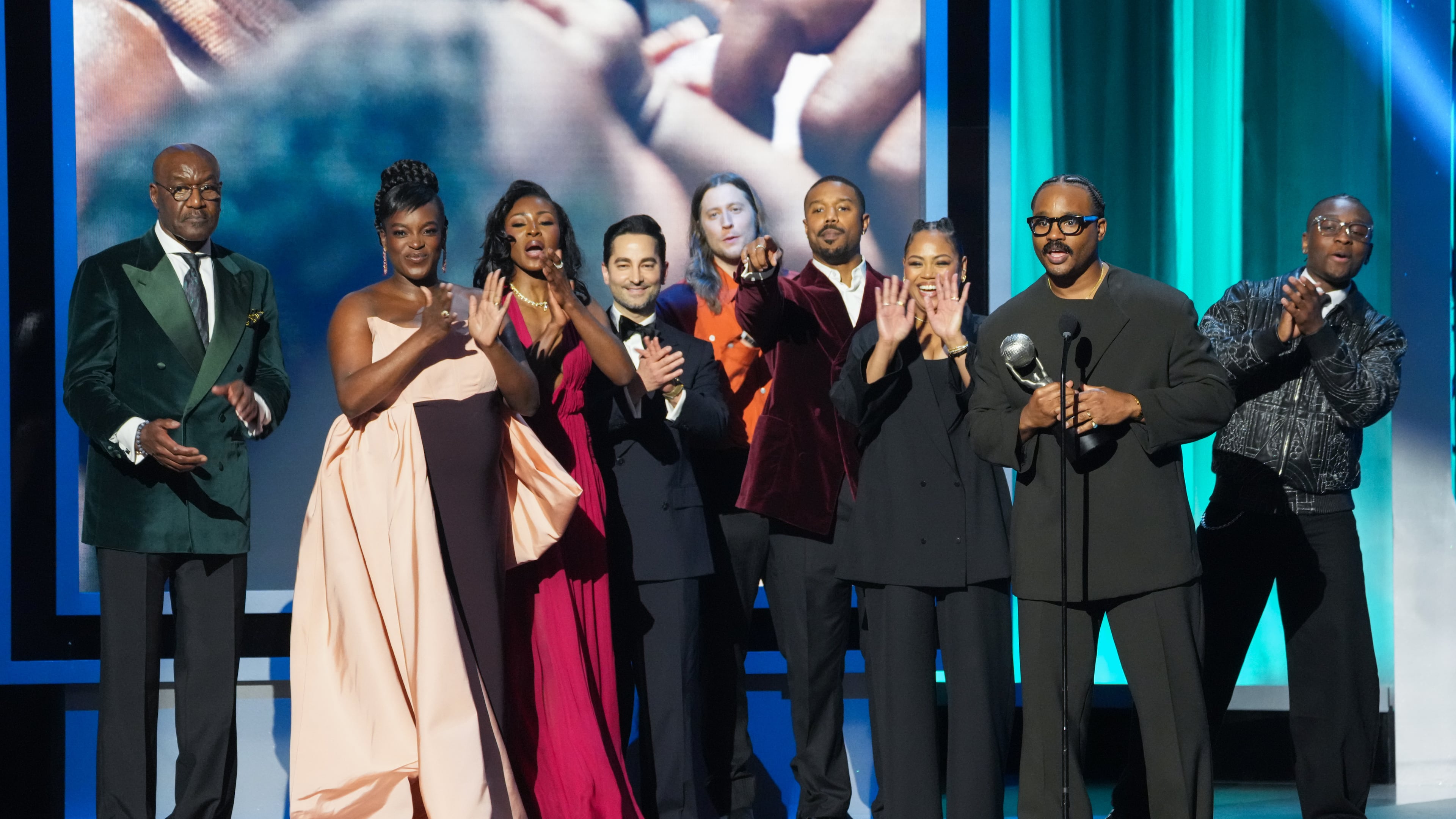 Delroy Lindo (from left), Wunmi Mosaku, Jayme Lawson, Sev Ohanian, Ludwig Göransson, Michael B. Jordan, Zinzi Coogler, Ryan Coogler and Miles Caton accept the award for outstanding motion picture for "Sinners" during the 57th NAACP Image Awards on Saturday, Feb. 28, 2026, in Pasadena, Calif. (AP Photo/Chris Pizzello)