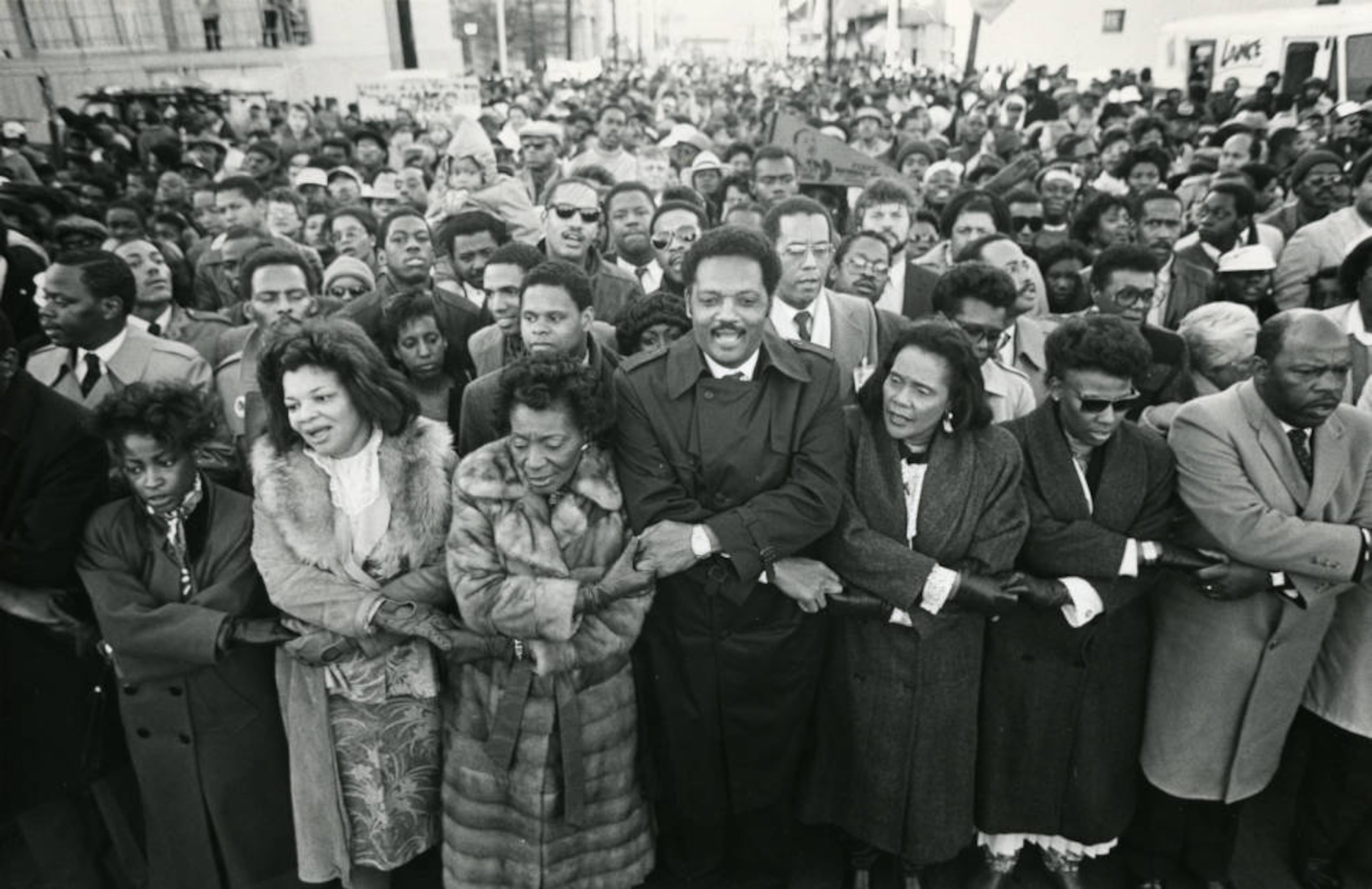 Rev. Jesse Jackson and Coretta Scott King lead the march on Martin Luther King Jr. Day, 1987. (Kenneth Walker/AJC)