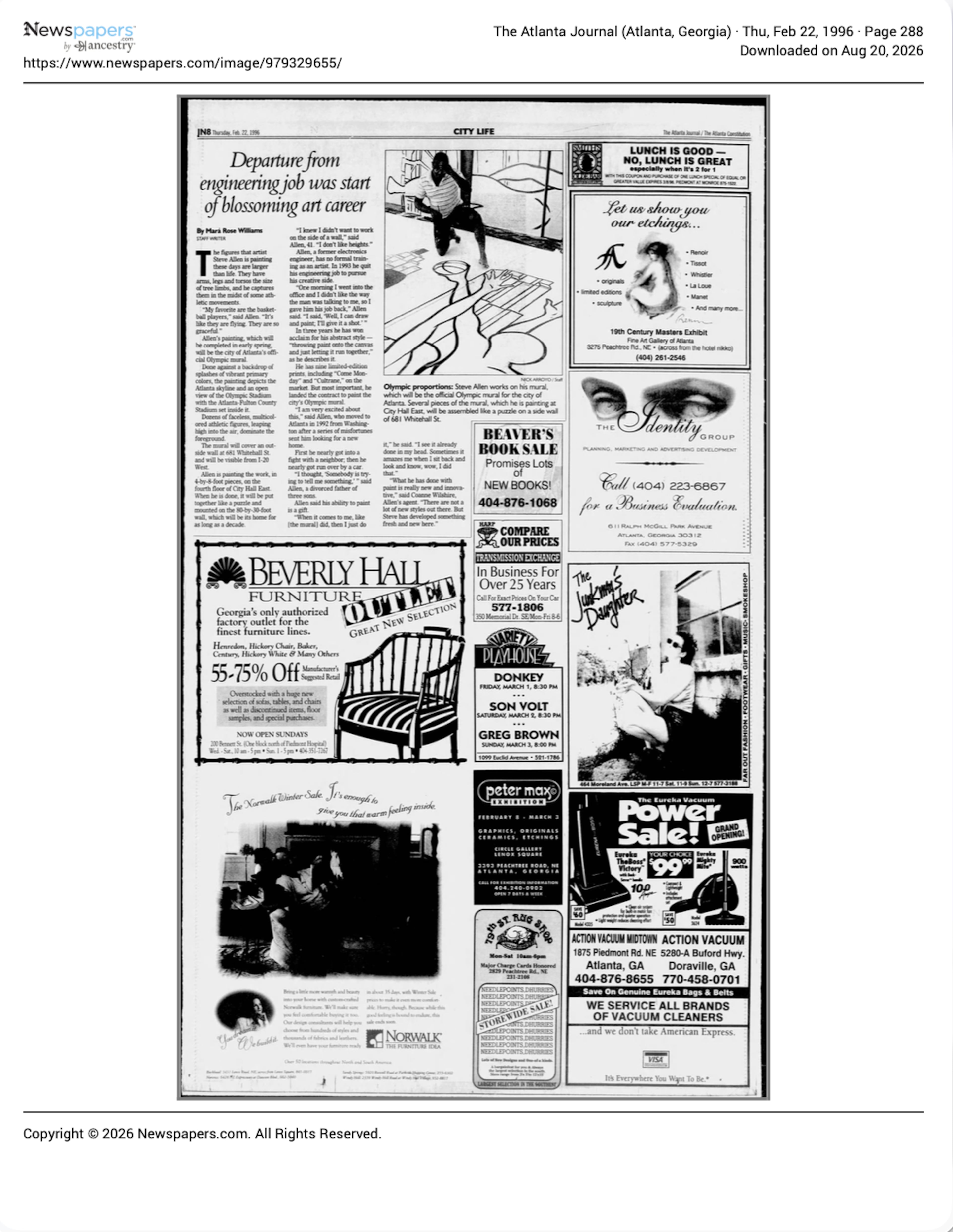 Artist Steve Allen was documented in The Atlanta Journal (now The Atlanta Journal-Constitution) for his work in the 1996 Olympic Games held in Atlanta.