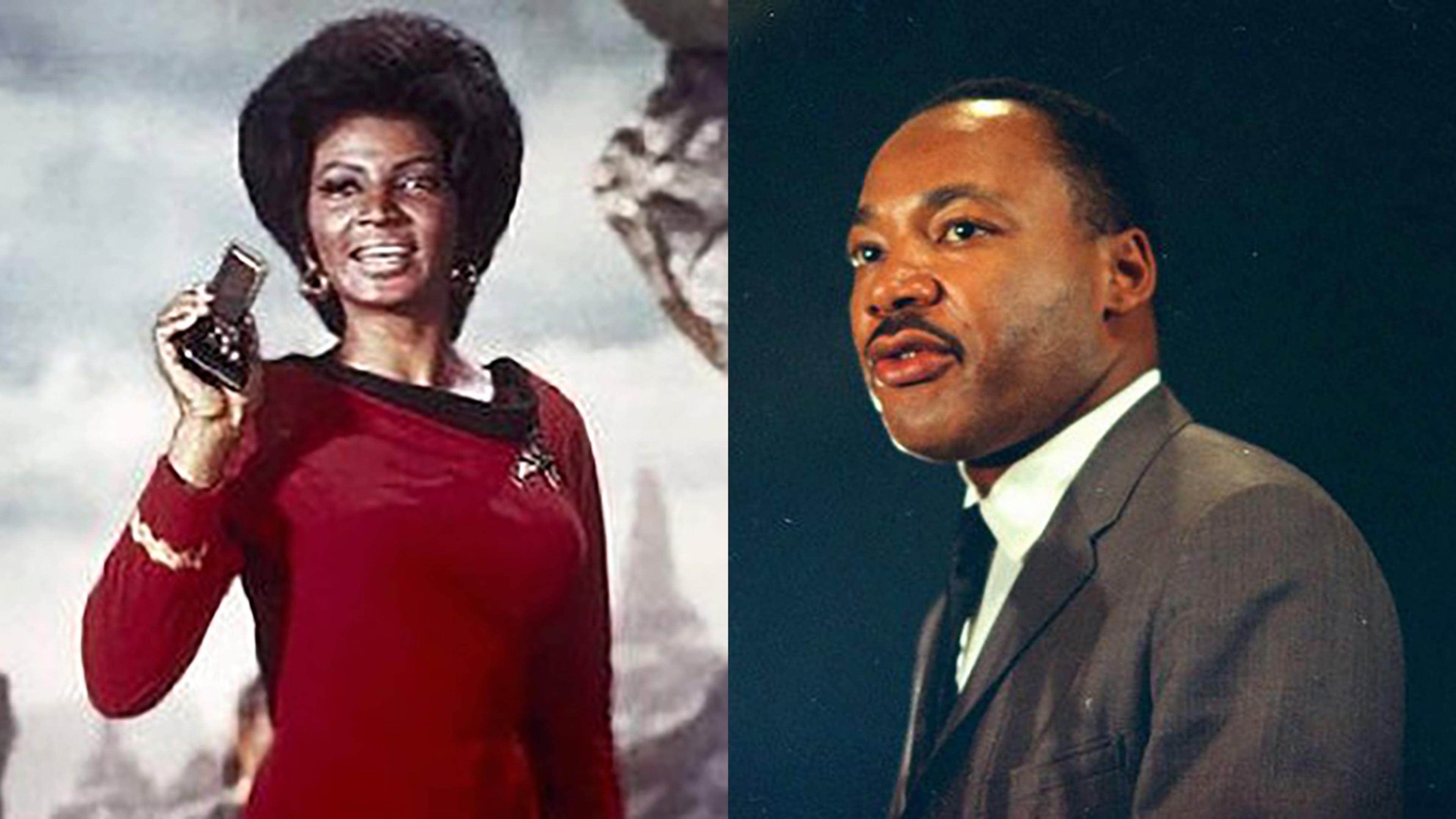 Actress Nichelle Nichols (left) wasn't sure she wanted to continue portraying Lt. Uhura on the original "Star Trek" television show until the Rev. Martin Luther King Jr. — a Trekkie — convinced her that her presence on the show was valuable. (Paramount Television; Chick Harrity/AP)