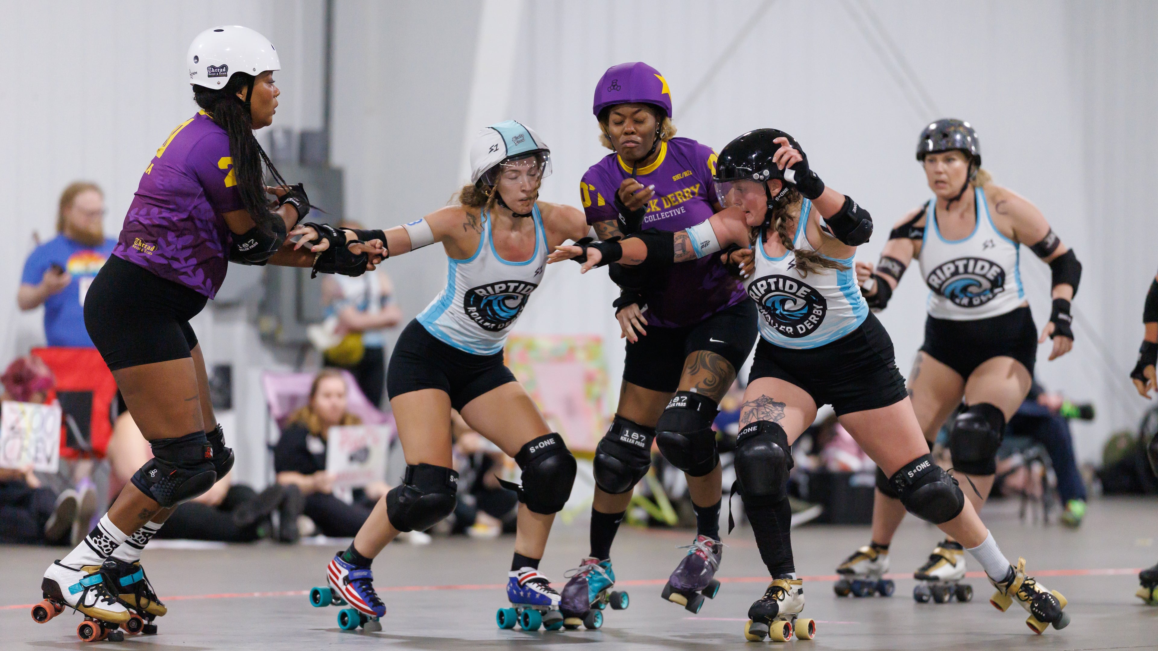 Action on the track during a playoff bout against Riptide Roller Derby (Florida based) and Black Derby Collective. (Courtesy of Ethan Trewhitt)