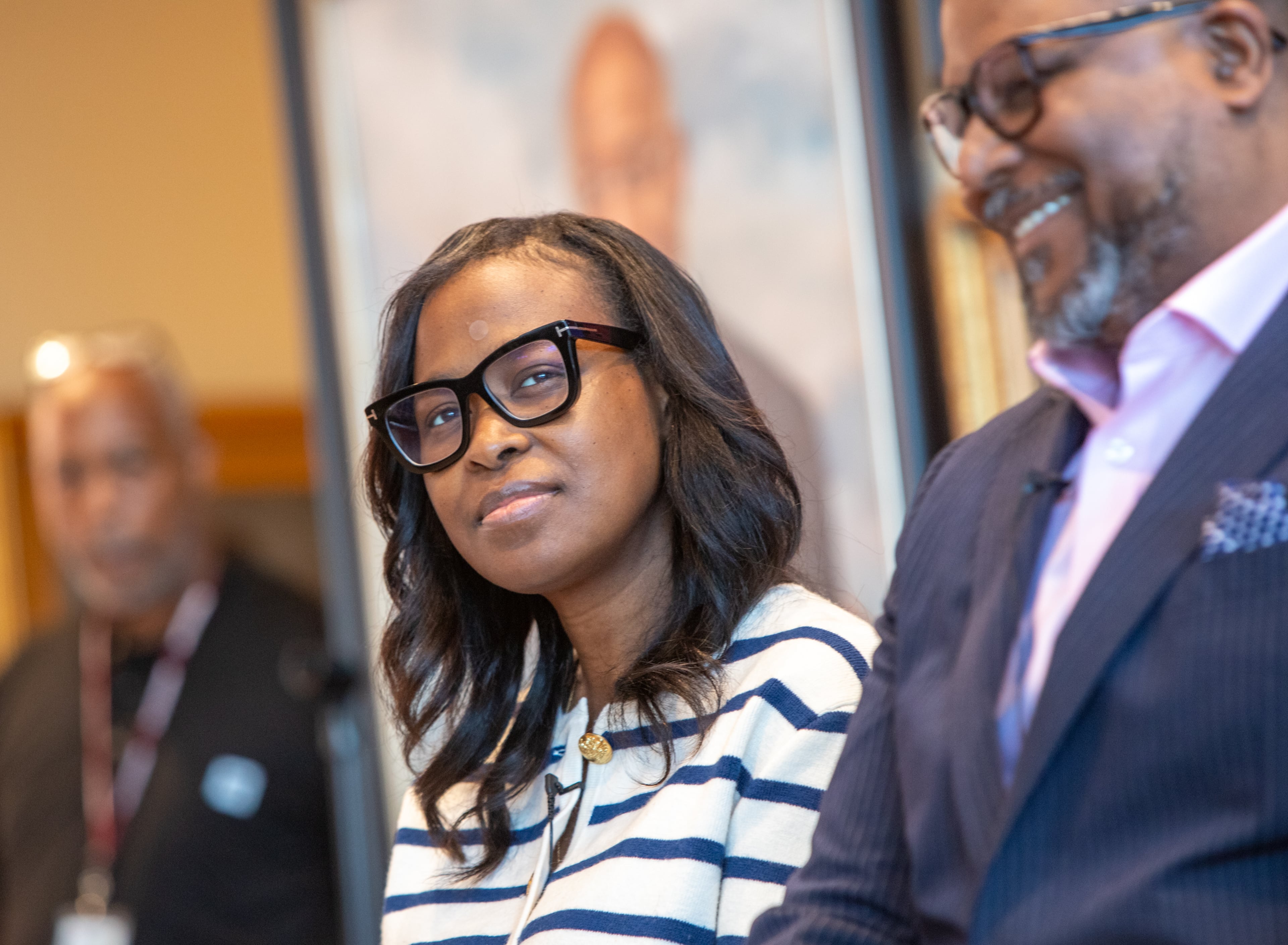 Errin Haines, editor at The 19th, is on a panel with AJC Editor Leroy Chapman at Morehouse College during their Journalism week on Tuesday, Sept. 30, 2025. (Jenni Girtman for The Atlanta Journal-Constitution)