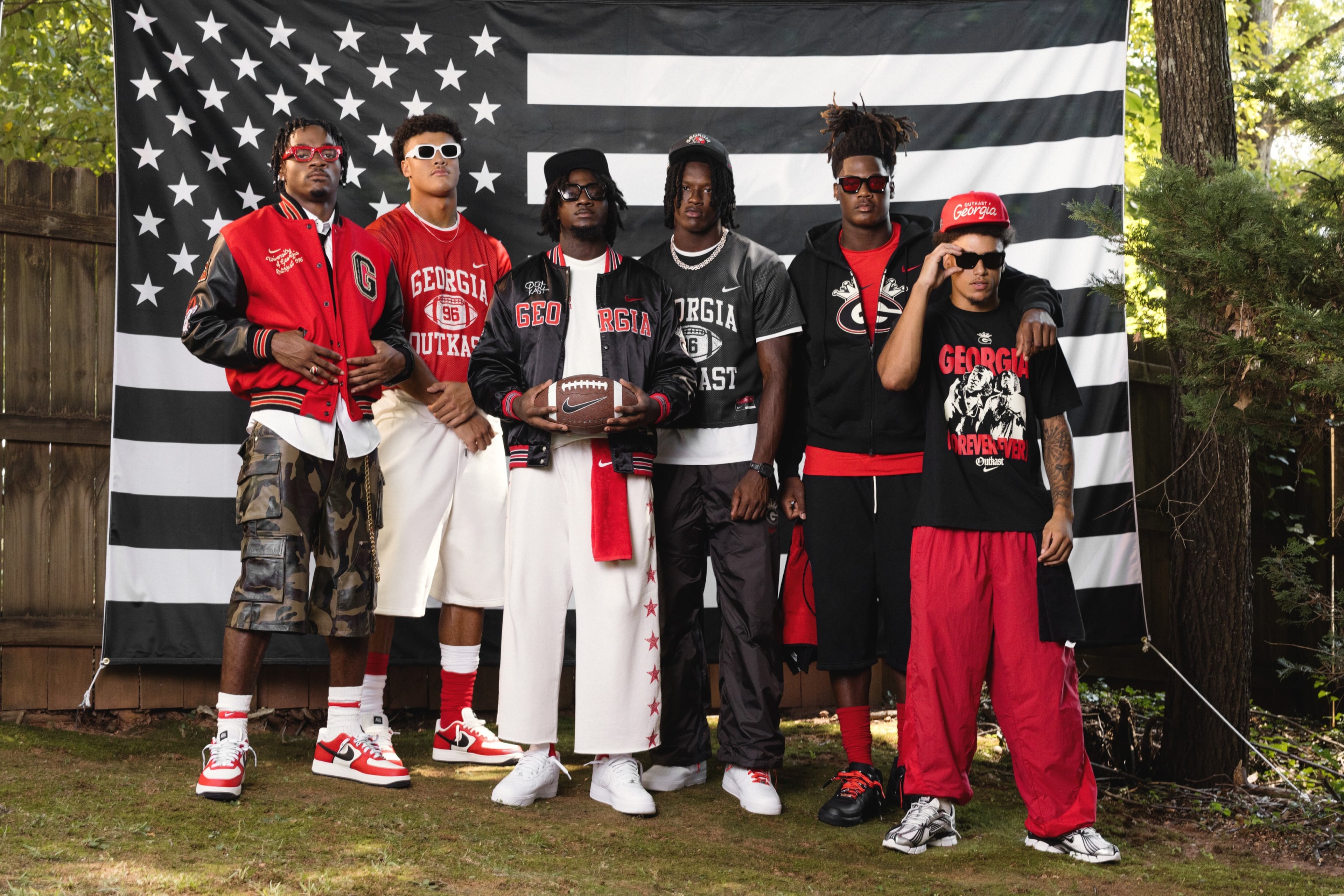 (From left) KJ Bolden, Kaiden Prothro, Ellis Robinson IV, Chris Cole, Elyiss Williams and Talyn Taylor model the Outkast U collection. (Courtesy of Nike)