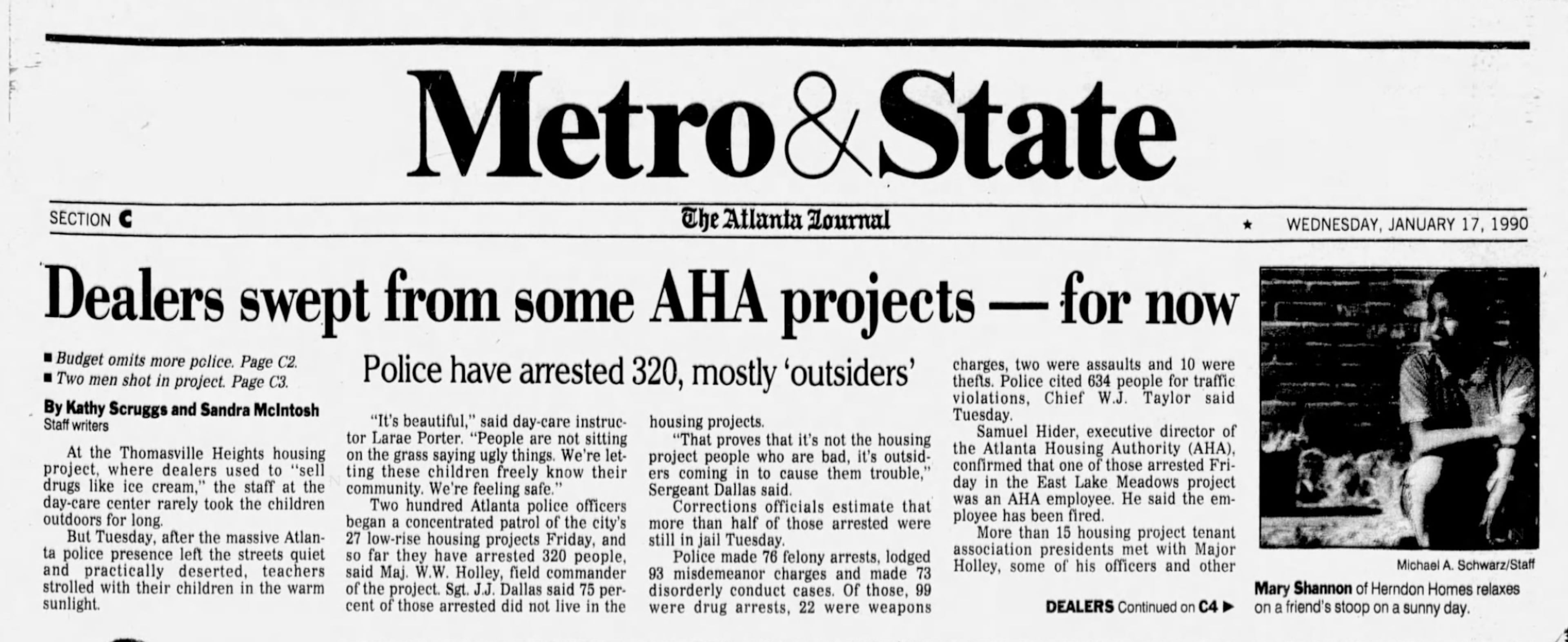 A news article from The Atlanta Journal (now The Atlanta Journal-Constitution) from Jan. 17, 1990, details drug busts in the Thomasville Heights housing project. (AJC file)