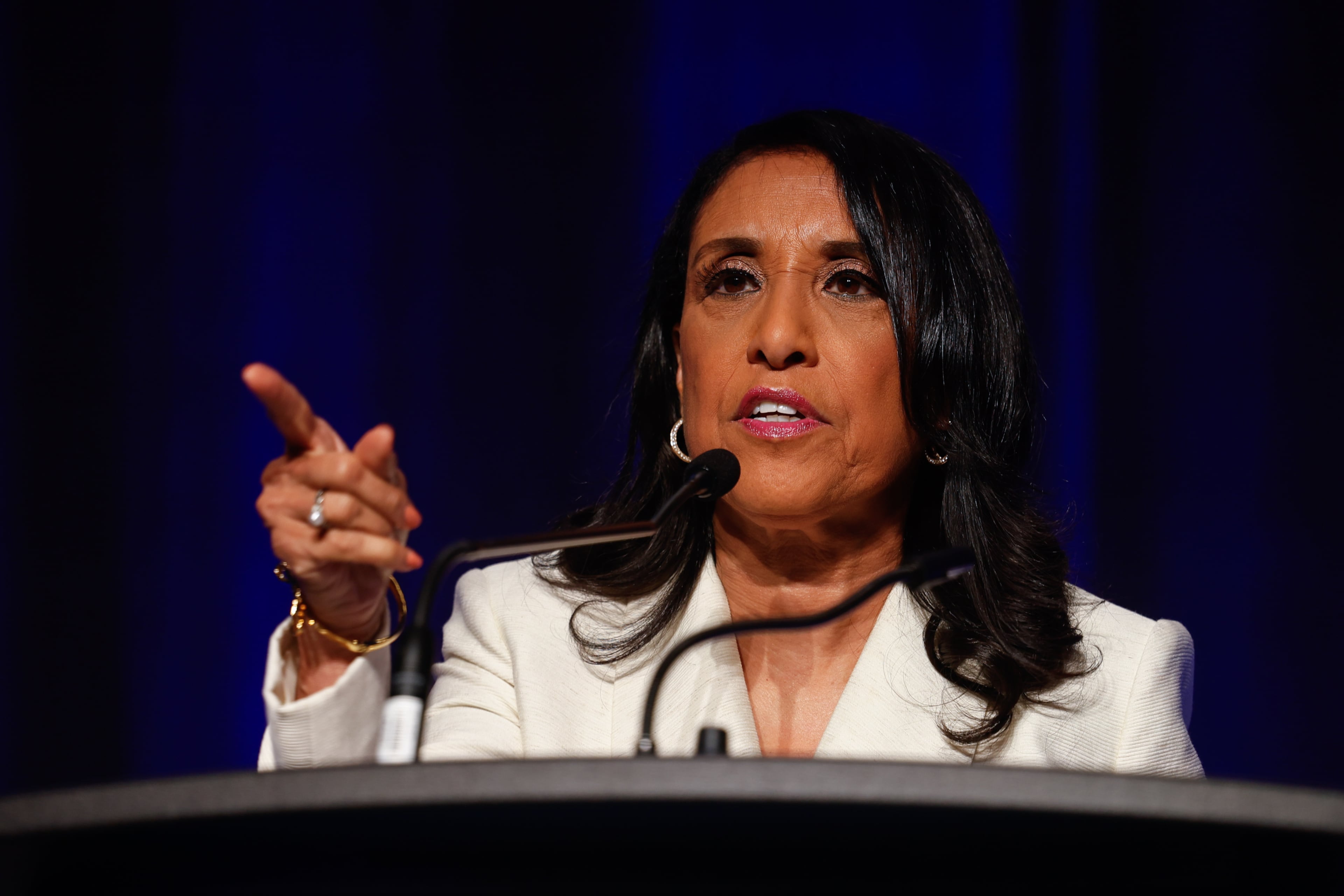 Nominee for Secretary of State Penny Brown Reynolds speaks at the Democratic Party of Georgia state convention at Savannah Convention Center in Savannah on Aug. 1, 2026. (Arvin Temkar/AJC)