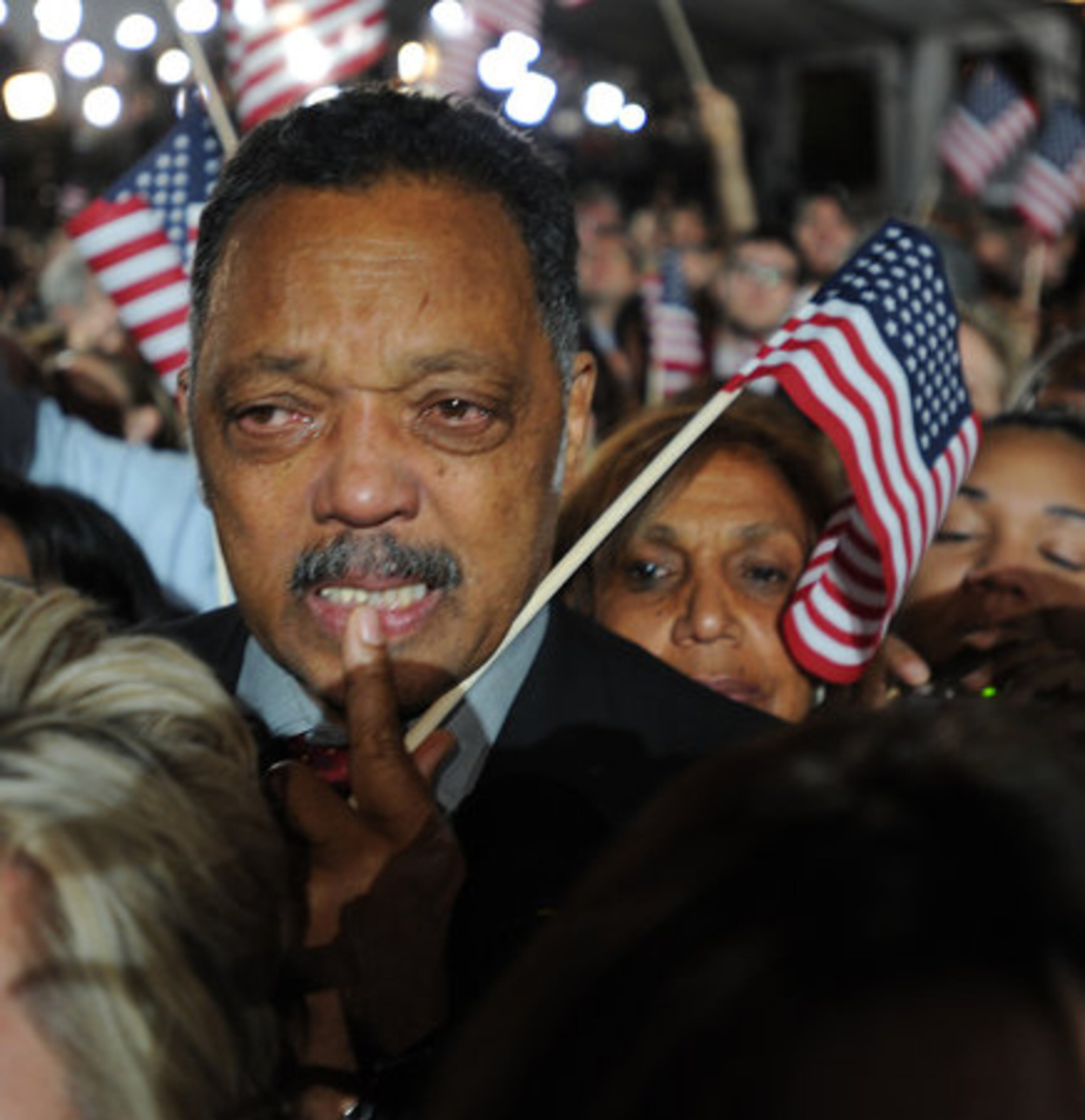 Jackson gets emotional as the presidential election results are announced in favor of Democratic candidate Barack Obama in Chicago's Grant Park, where Obama held election night festivities. (Olivier Douliery/Abaca Press/MCT)