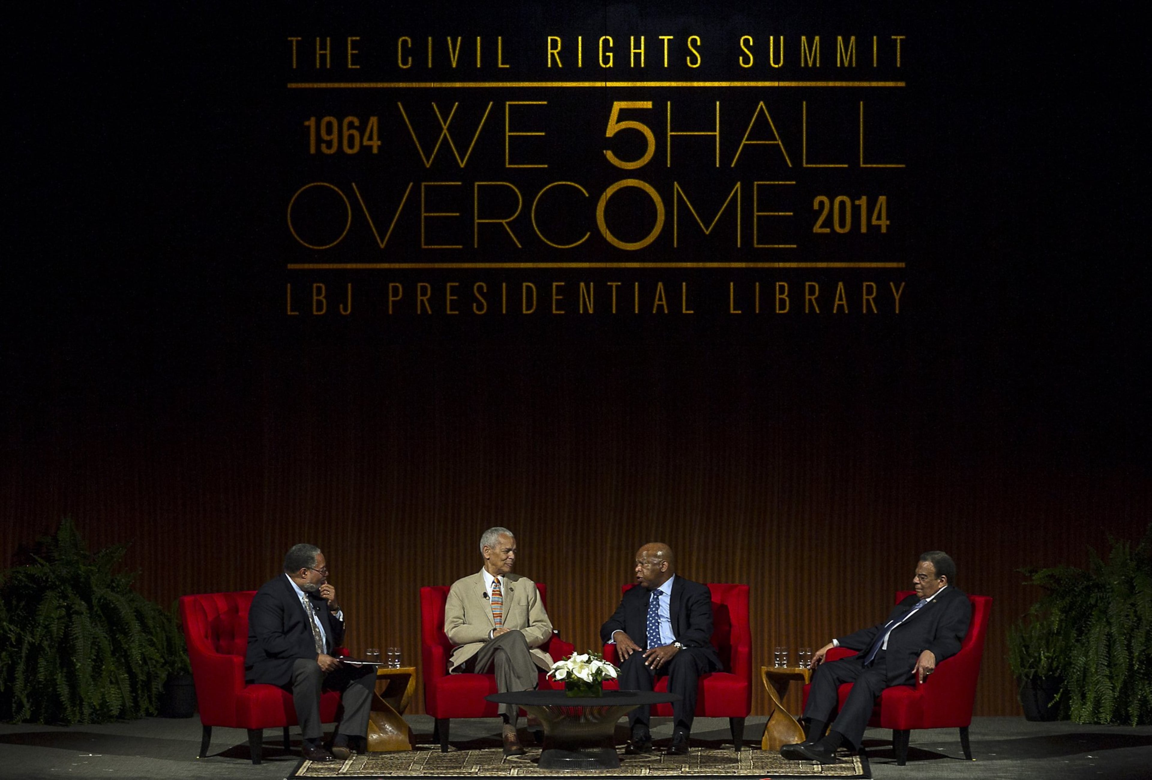 From left to right: Lonnie G. Bunch, Julian Bond, John Lewis and Andrew Young are photographed as members of the panel "Heroes of the Civil Rights Movement: Views from the Front Line," held at the Civil Rights Summit at the Lyndon Baines Johnson Library and Museum in Austin, Texas, on April 9, 2014. (Courtesy of Rodolfo Gonzalez)