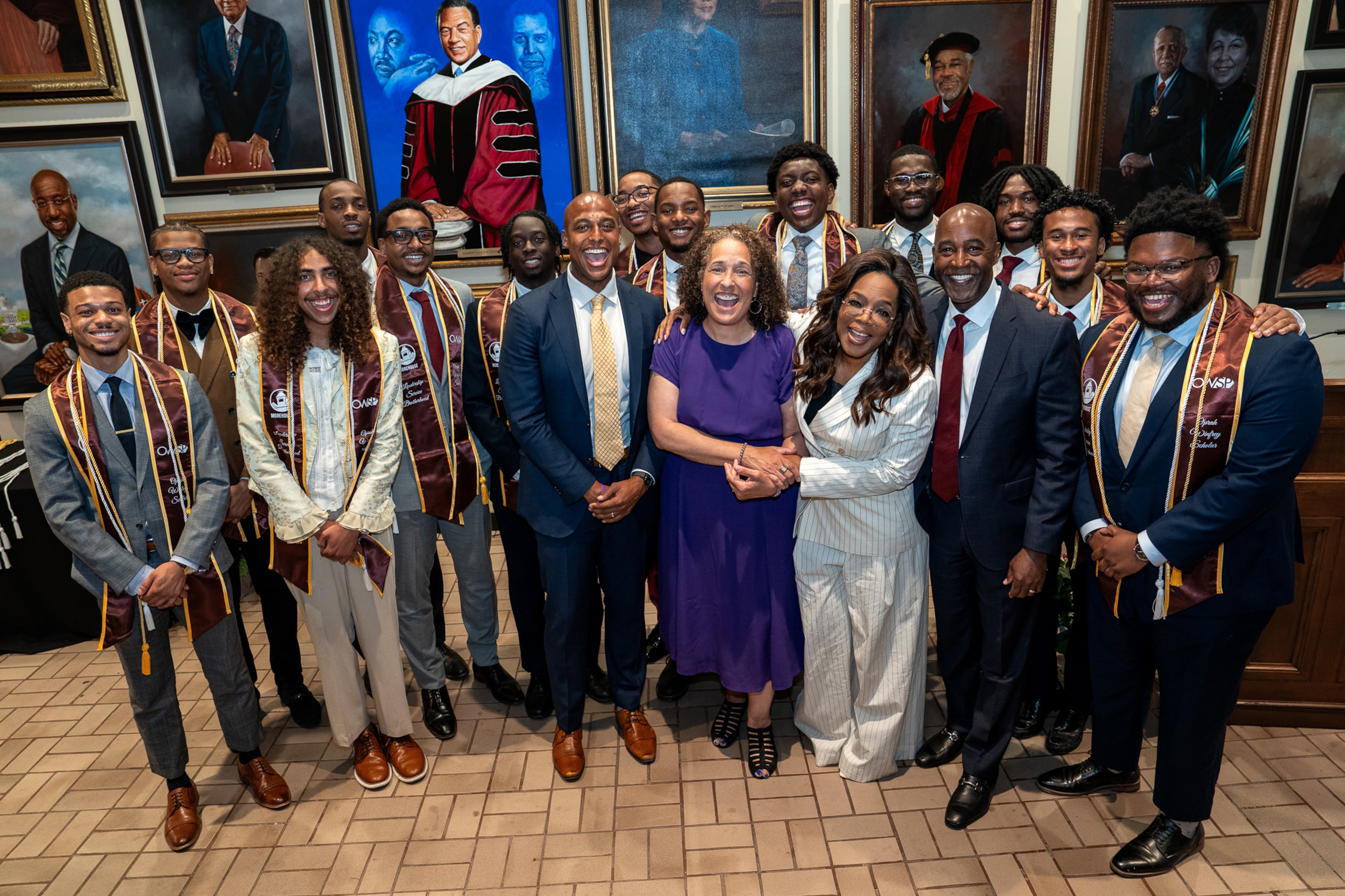 Oprah Winfrey poses with Morehouse College students who were recipients of her endowed scholarship program on Friday, April 24, 2026. (Courtesy of Jordan Phillips / Morehouse College)