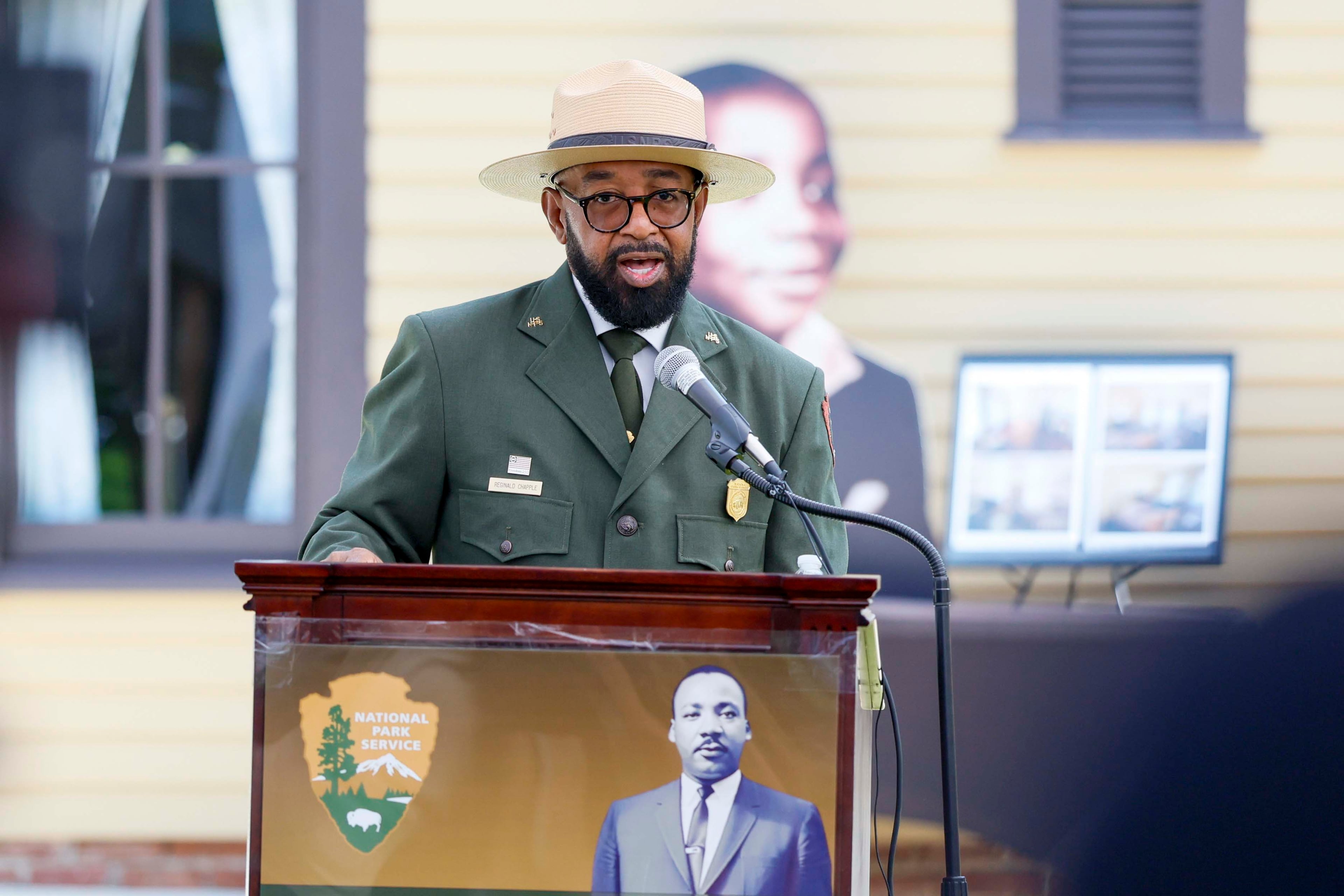 National Historical Park and Preservation District Superintendent Reginald Chapple speaks at the ribbon-cutting ceremony following the restoration of Martin Luther King Jr.'s childhood home on Thursday, July 2, 2026. (Miguel Martinez/AJC)