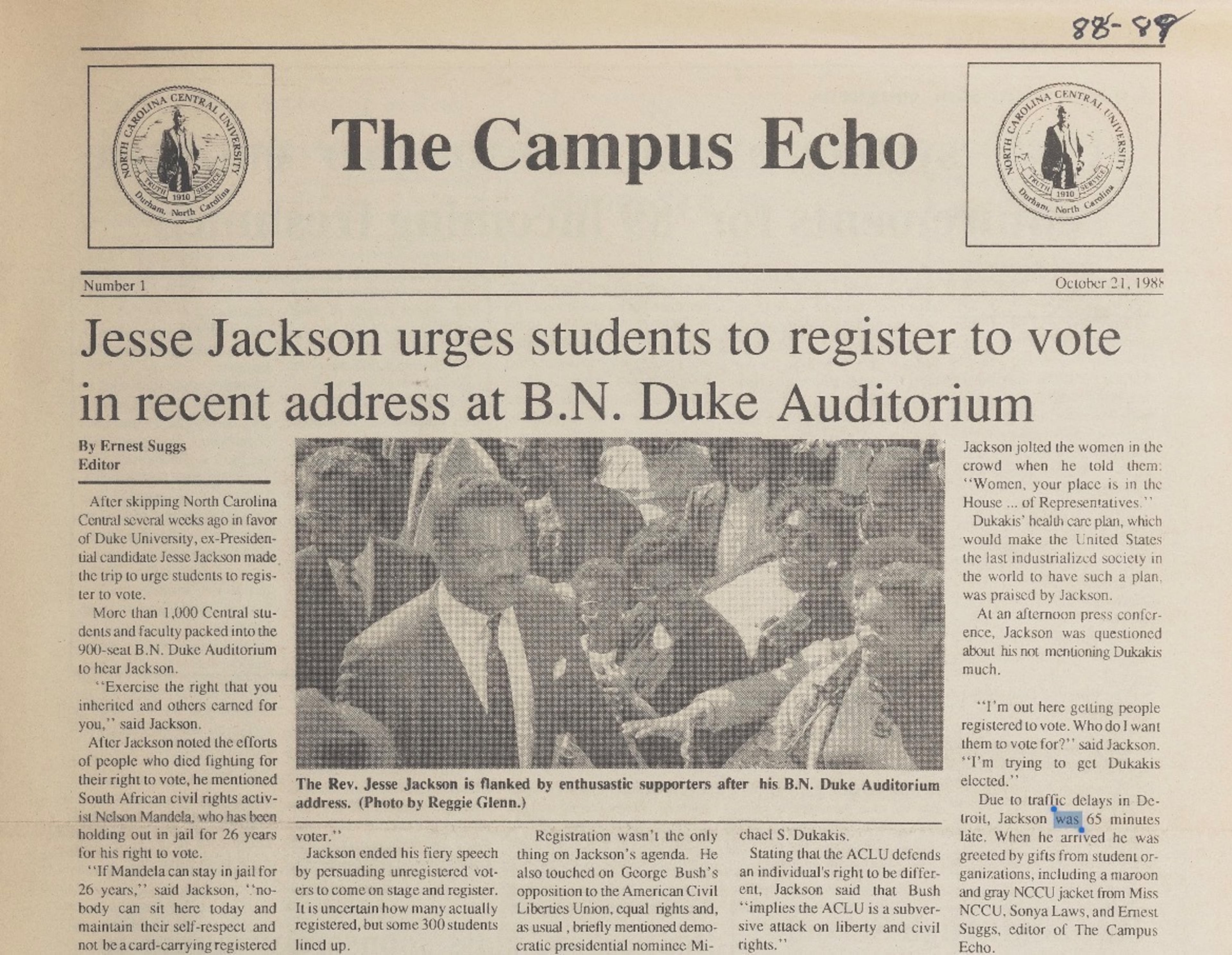 The Oct. 21, 1988, article by former Campus Echo editor Ernie Suggs about Jesse Jackson's historic visit to North Carolina Central University. Echo photographer Reggie Glenn took the photo. (Courtesy The Campus Echo)