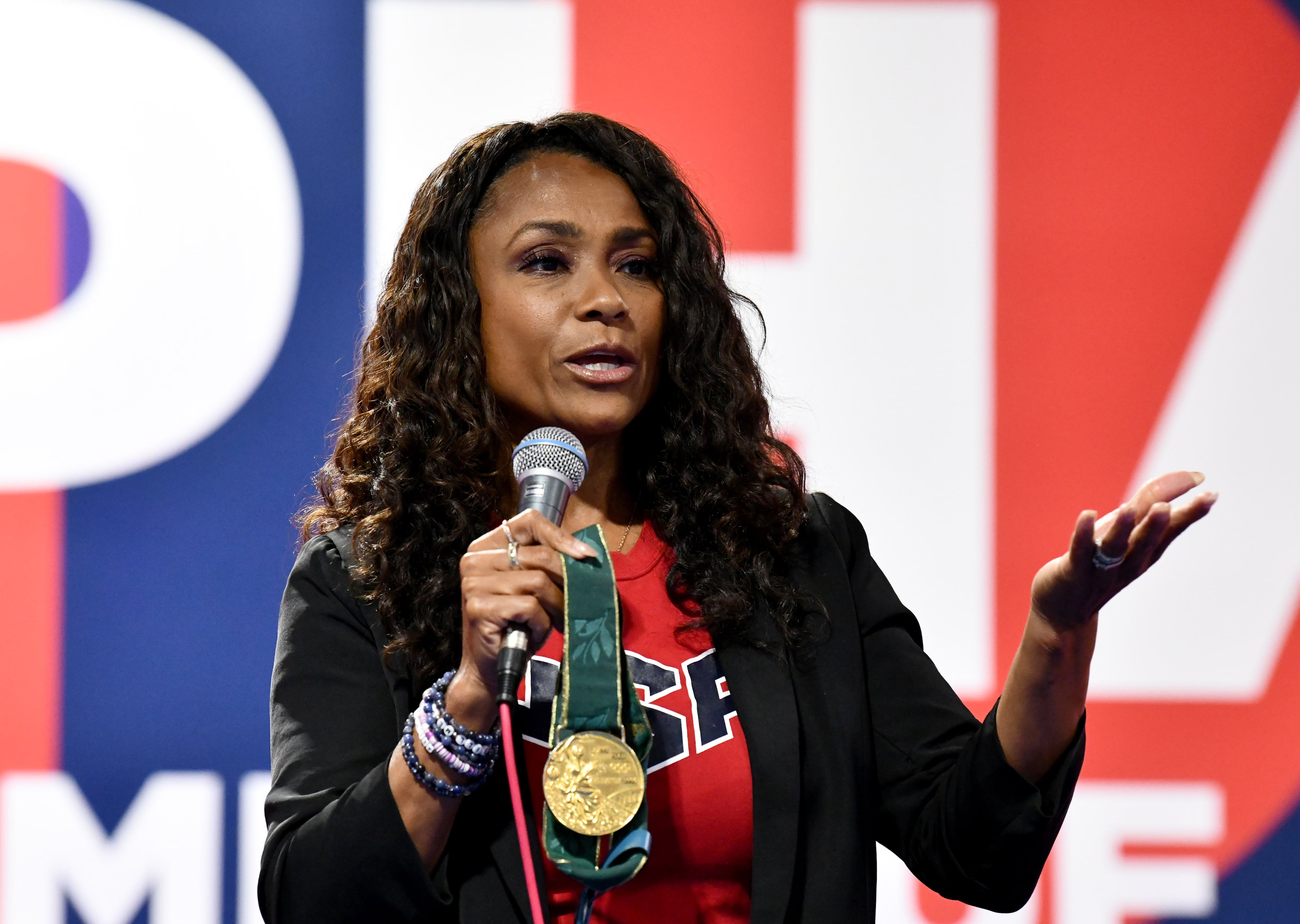 Dominique Dawes speaks during the opening day of Dominique Dawes Academy on Friday, March 6, 2026, in Alpharetta. The 1996 Olympics medal winning gymnast has seven gymnastics academies in Maryland and Texas, and has now expanded to metro Atlanta. (Hyosub Shin/AJC)