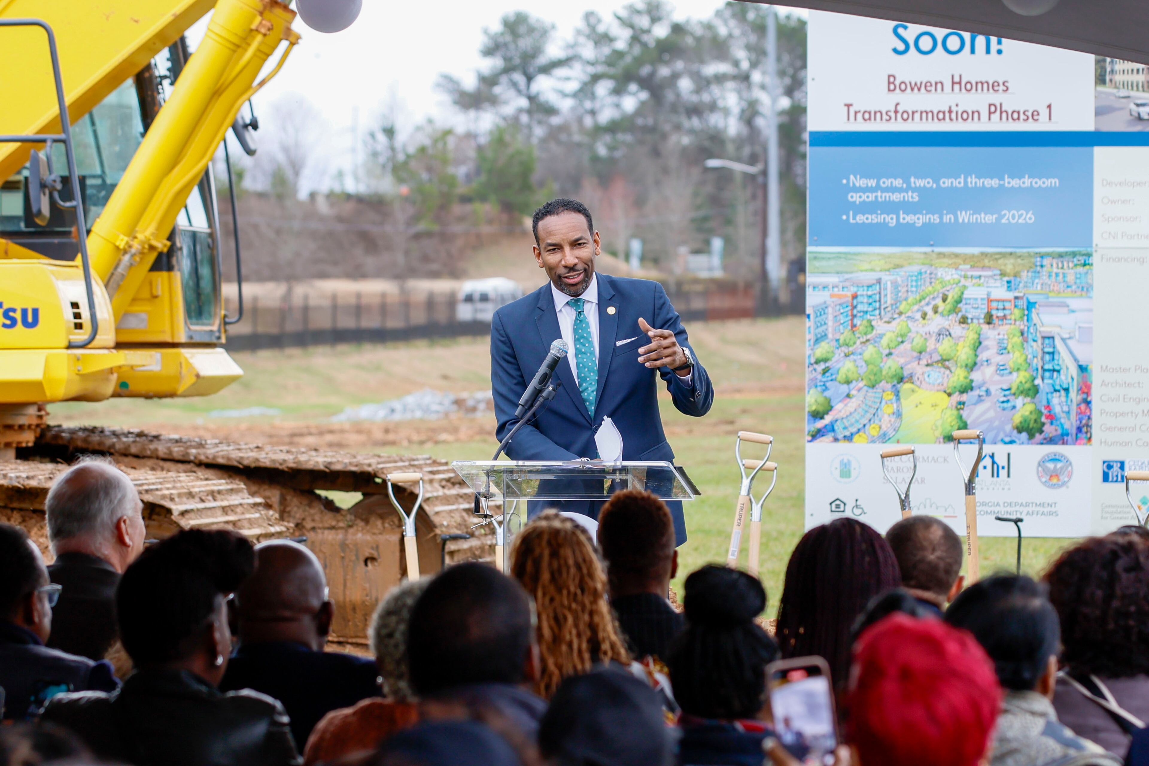 Atlanta Mayor Andre Dickens gives his remarks during the groundbreaking ceremony for the mixed-homes redevelopment of Bowen Homes phase 1 on Wednesday, March 5, 2025.
(Miguel Martinez/AJC)