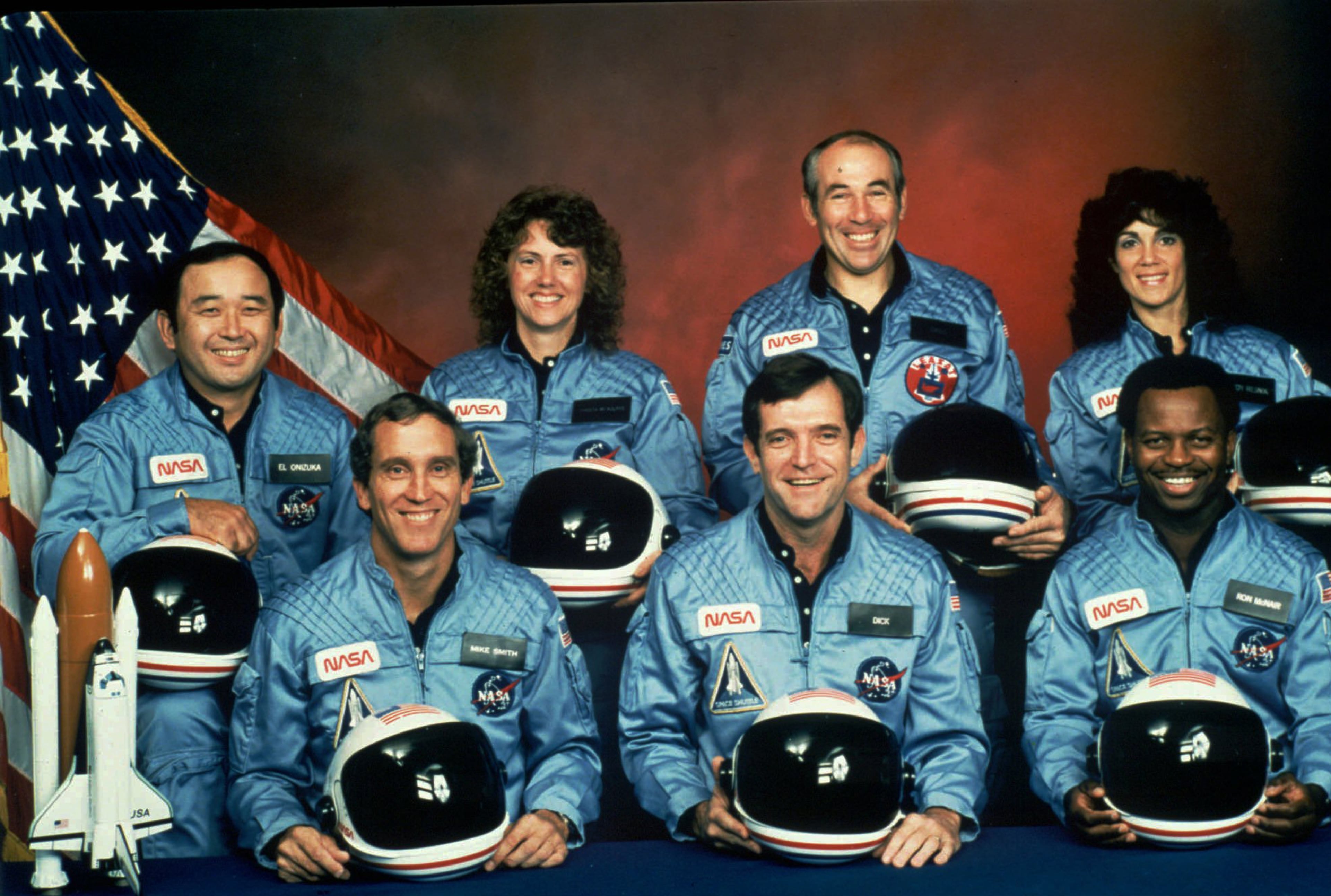 All seven members of the crew of the space shuttle Challenger were killed when the shuttle exploded during launch on Jan. 28, 1986. Front row from left are Michael J. Smith, Francis R. (Dick) Scobee and Ronald E. McNair. Back row from left are Ellison Onizuka, Christa McAuliffe, Gregory Jarvis and Judith Resnik. There are tributes to McNair across metro Atlanta, especially in DeKalb County, where three schools bear his name. (NASA via AP)