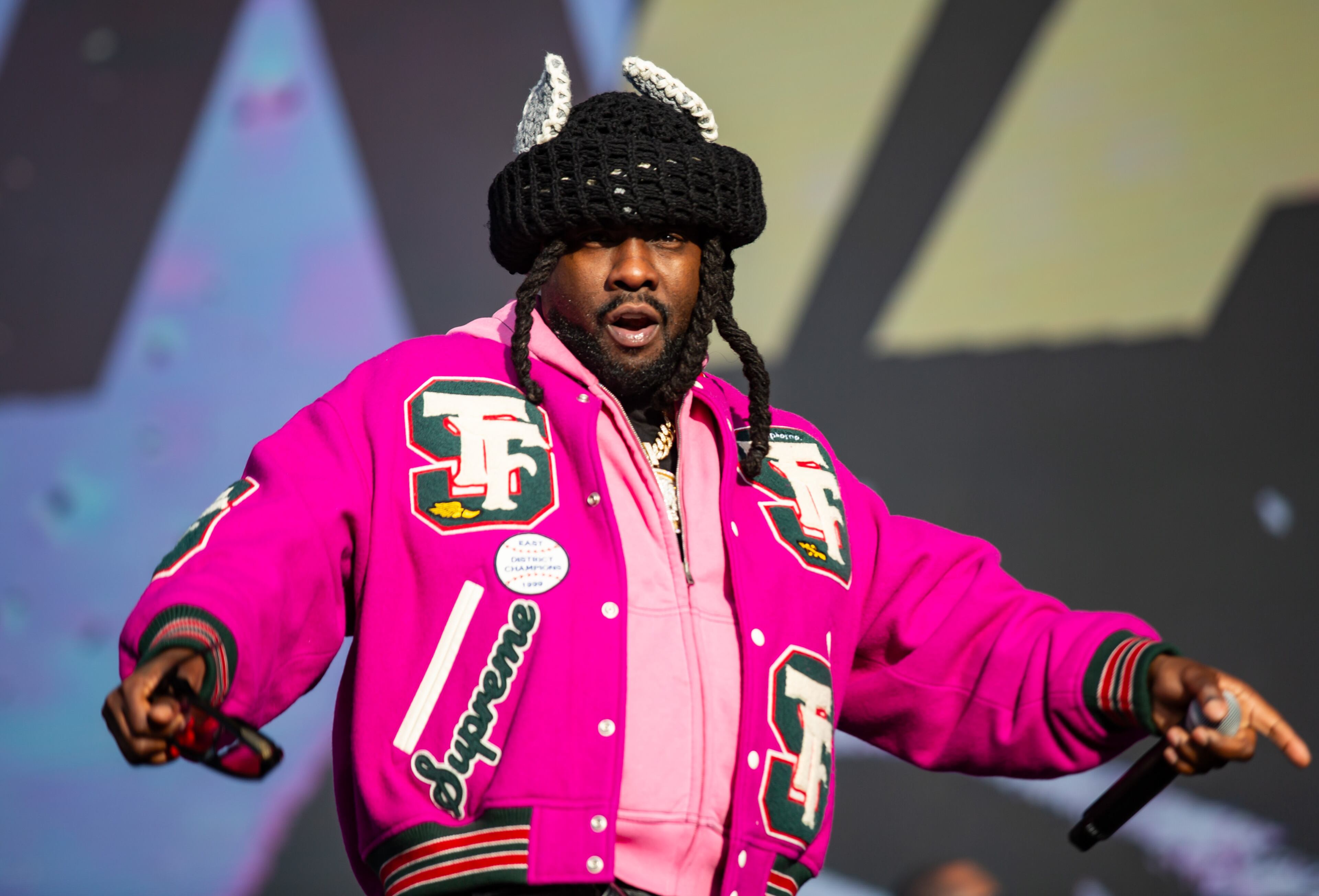 Rapper Wale commands the crowd early on Night 1 of One Musicfest on Saturday, Oct. 25, 2025, at Piedmont Park in Atlanta. (Ryan Fleisher for the AJC)