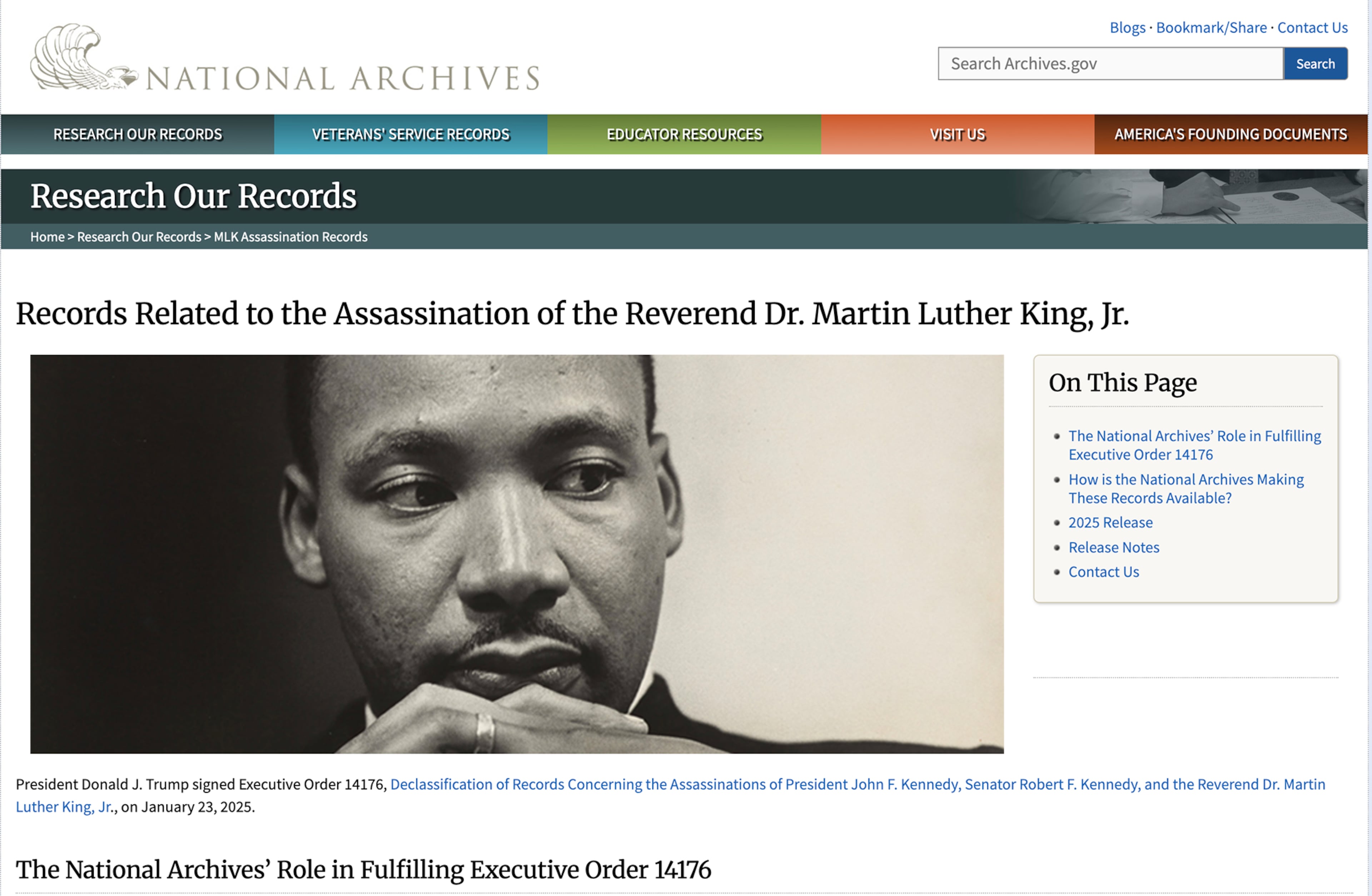 Nearly 240,000 pages of records related to the assassination of the Rev. Martin Luther King Jr. were released this week by the Justice Department and posted on the National Archives website. (Screenshot of National Archives website)