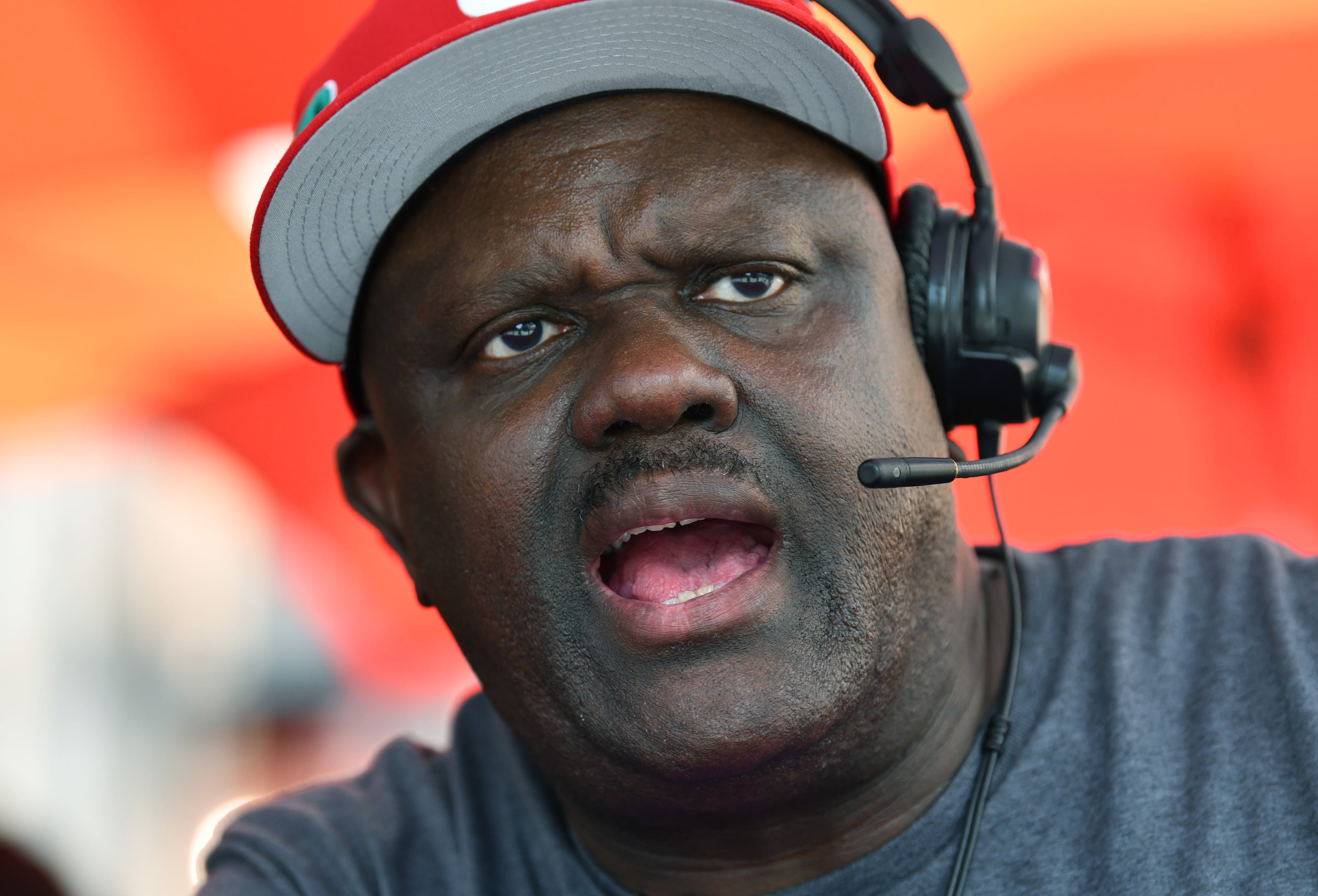 Greg Street, hip-hop DJ and radio personality, speaks at the V-103 tent before an Atlanta Falcons pep rally at Atlantic Station, Friday, Sept. 5, 2025 in Atlanta. (Hyosub Shin/AJC)