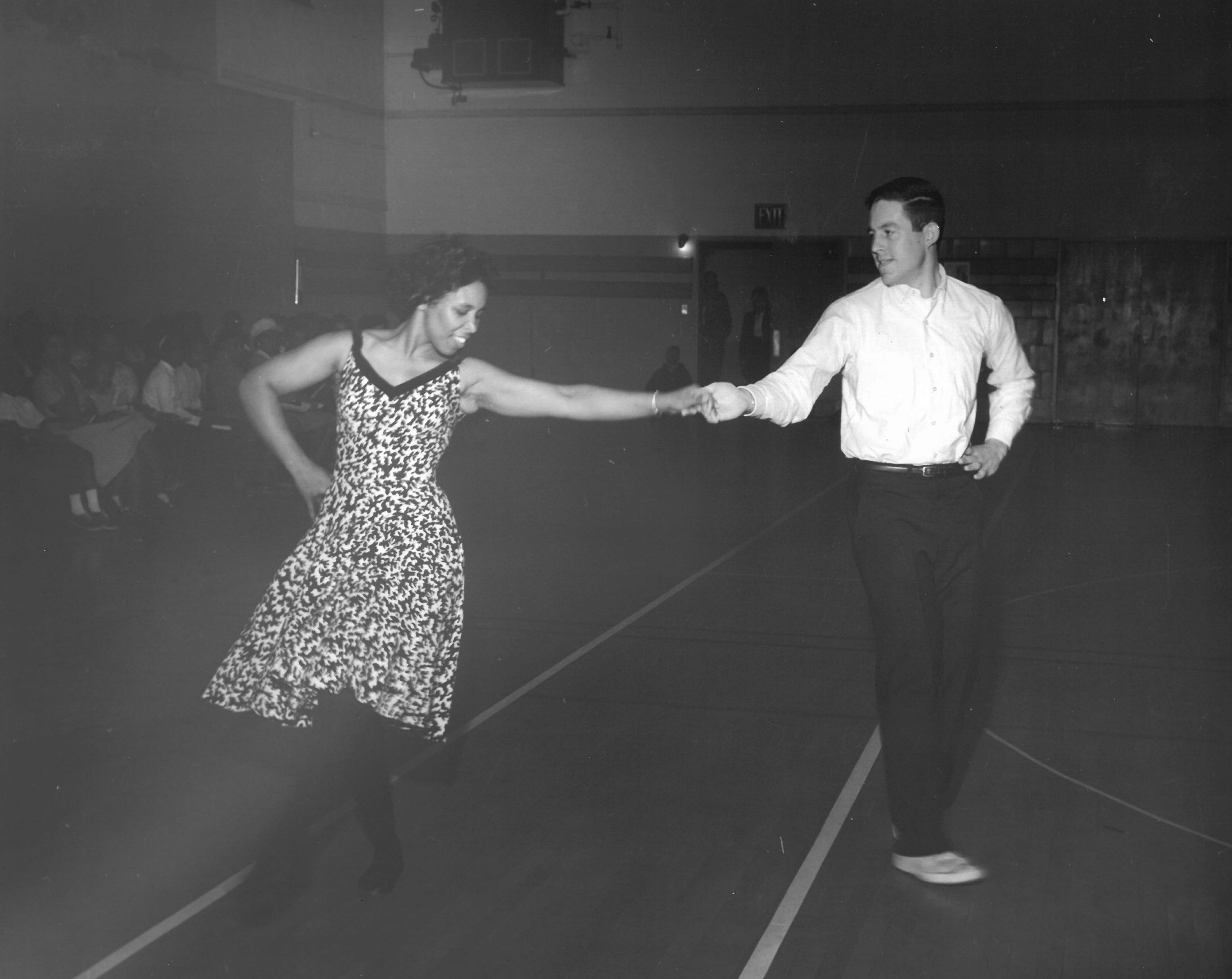 Mozel Sprggs, left, dances with a guest of the college during the Folk Dance Festival at Spelman College in 1966. (Courtesy of Spelman College Archives)