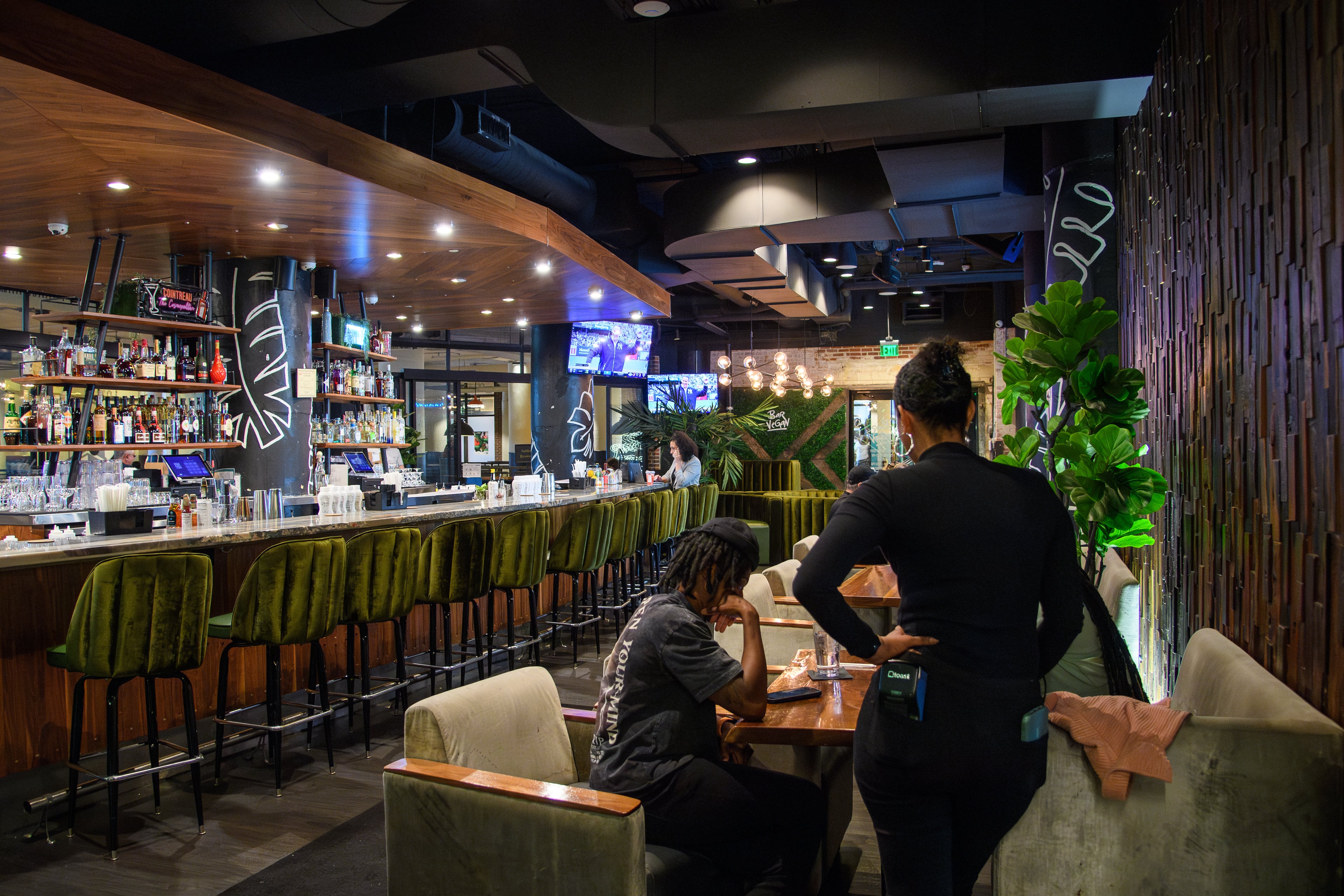 'Bar Vegan', Pinky Cole's Ponce City Market location wasn't exactly hopping during lunch April 5, 2024. (Jamie Spaar for the AJC)