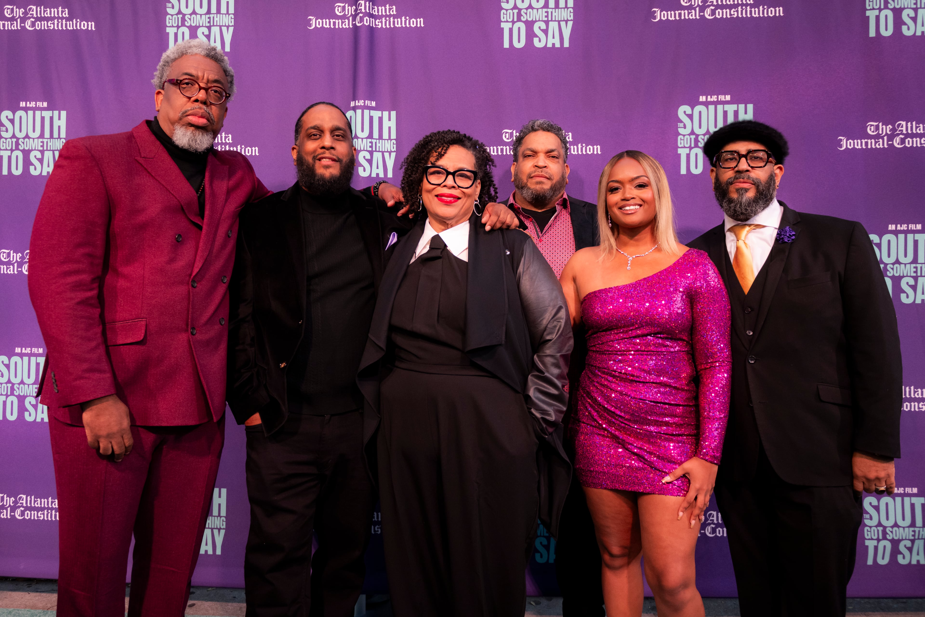 AJC hip-hop documentary filmmakers, (back row, from left) writer/producer Ernie Suggs, co-director Ryon Horne, Byron Horne, co-director Tyson A. Horne, and (front row, from left) supervising producer Sandra Brown and writer/producer DeAsia Paige celebrate the premiere of “The South Got Something to Say.” (Lauren Hubbard for the AJC)