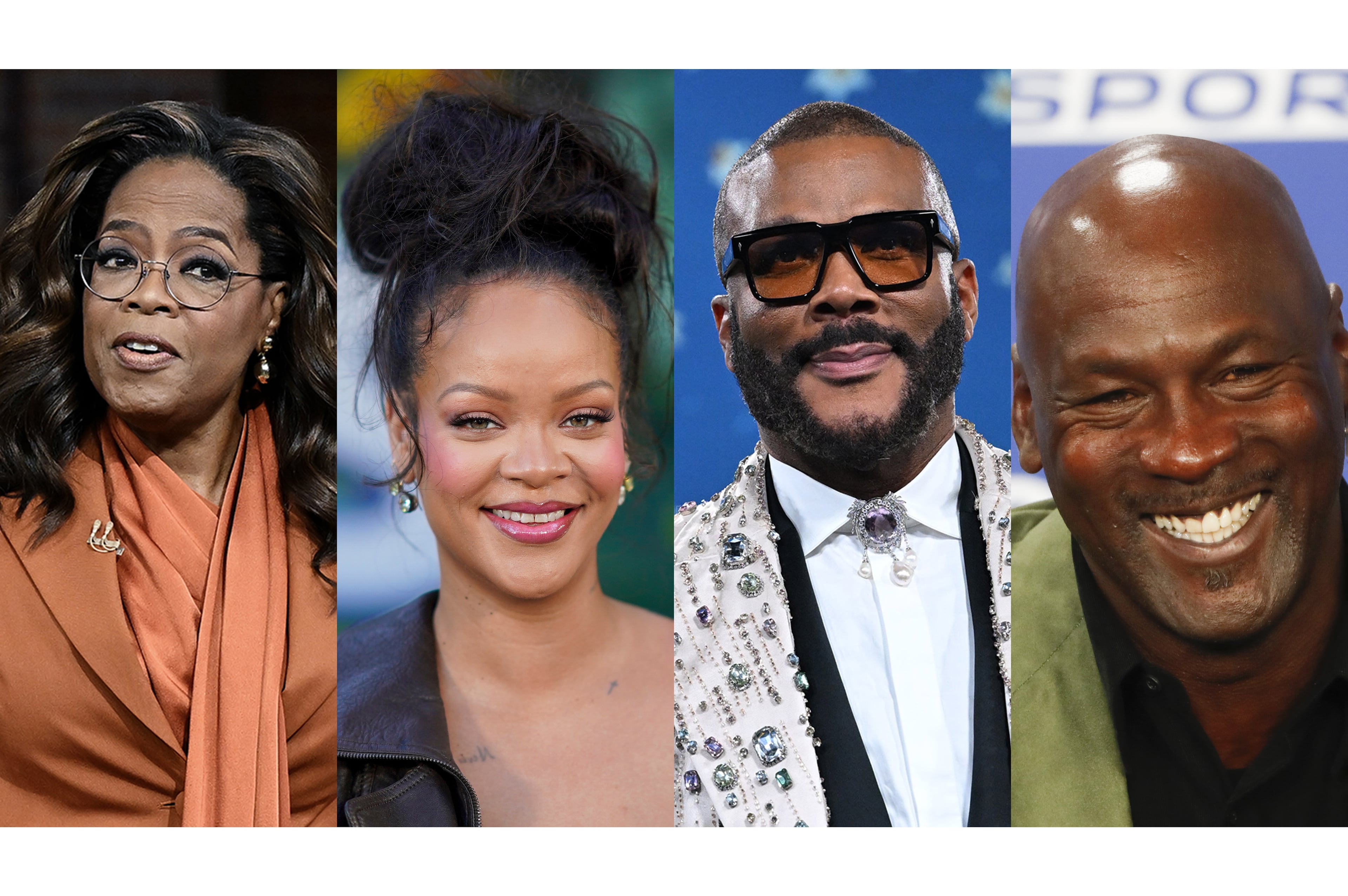 From left, Oprah Winfrey, Rihanna, Tyler Perry and Michael Jordan are four of the world’s 27 Black billionaires, according to Forbes. (Kenny Holston/The New York Times; Jordan Strauss/Invision/AP; Nina Westervelt/The New York Times; Thibault Camus/AP)